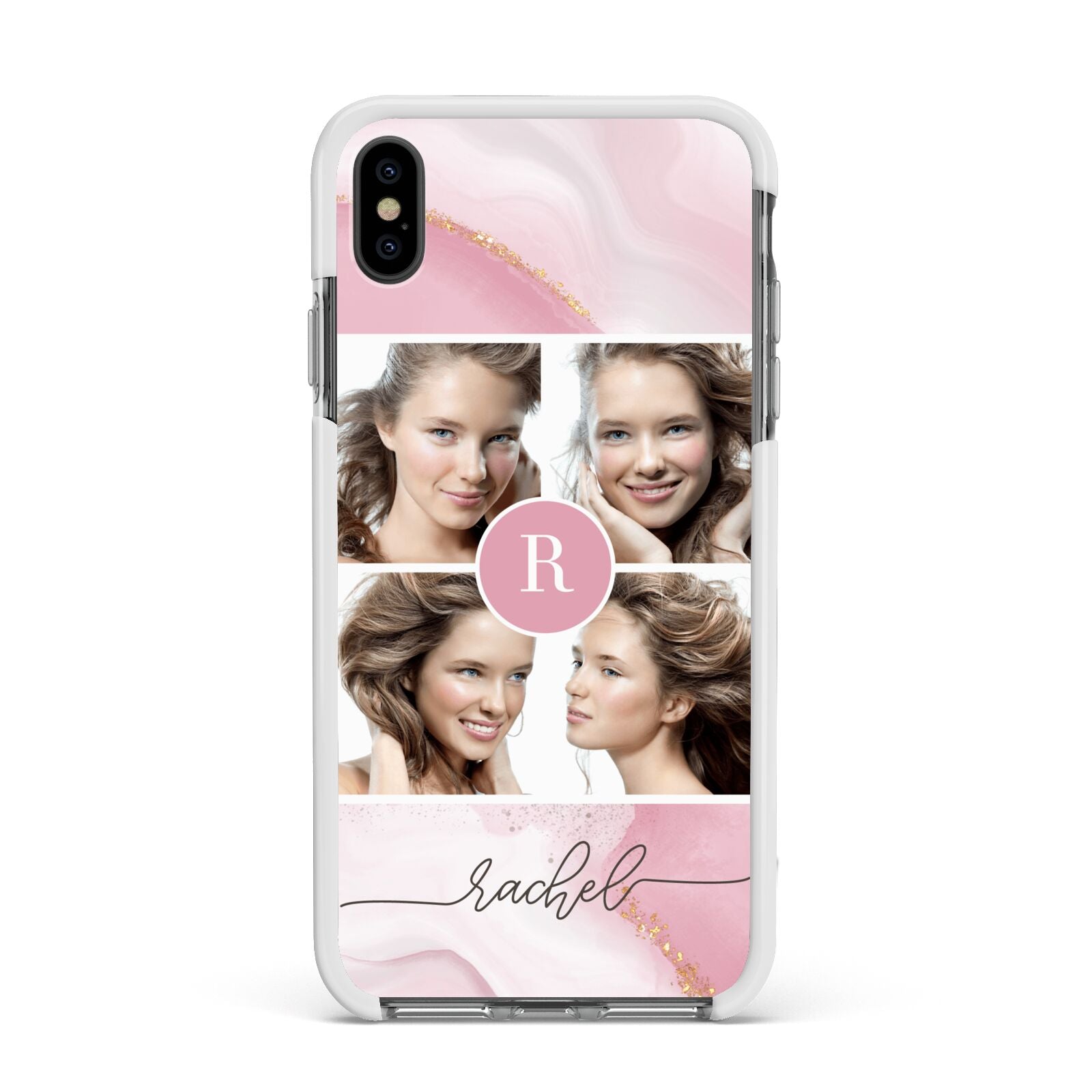 Pink Marble Personalised Photo Apple iPhone Xs Max Impact Case White Edge on Black Phone