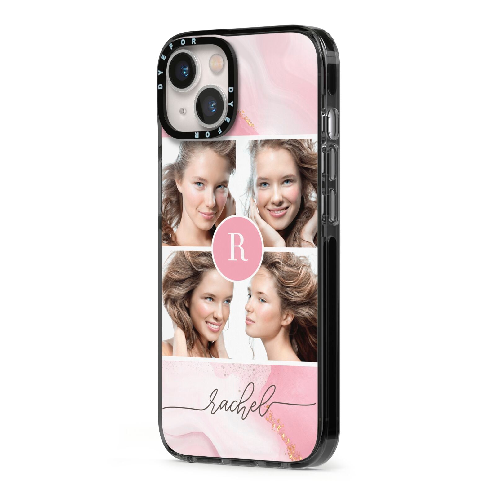 Pink Marble Personalised Photo iPhone 13 Black Impact Case Side Angle on Silver phone