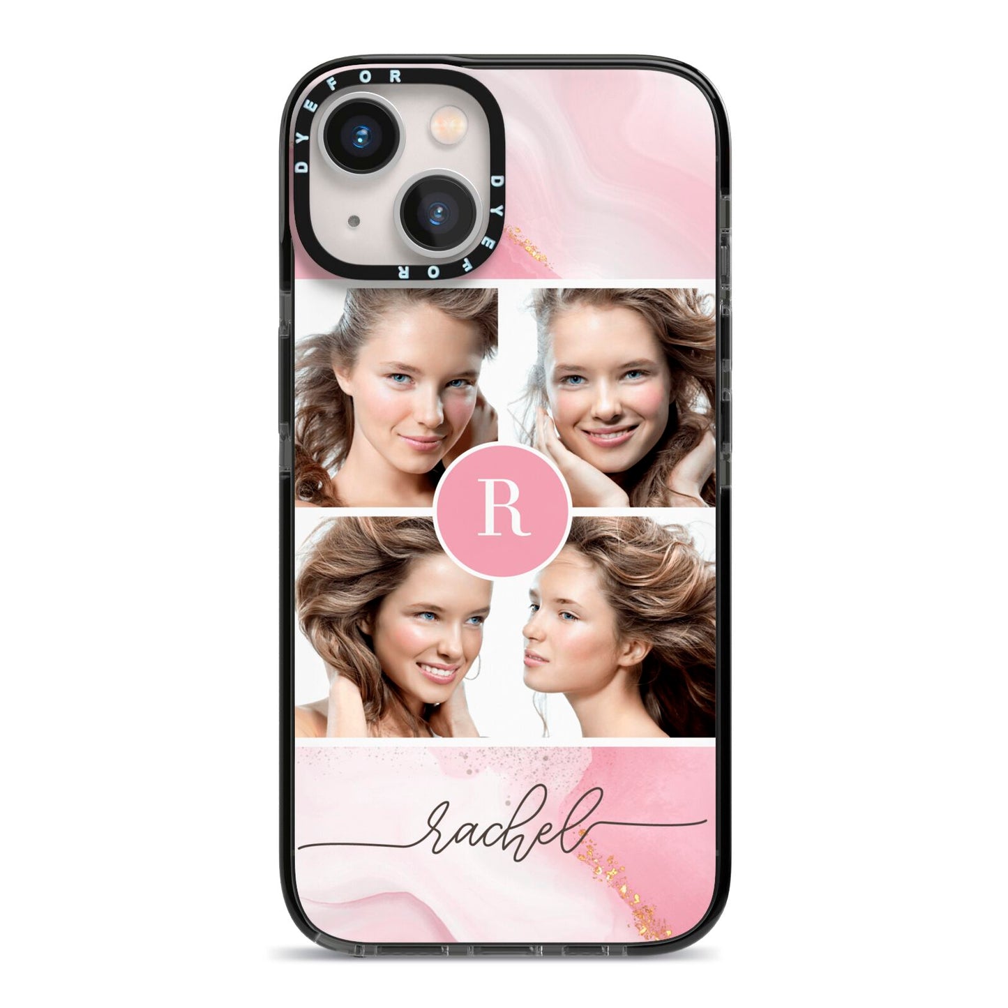 Pink Marble Personalised Photo iPhone 13 Black Impact Case on Silver phone