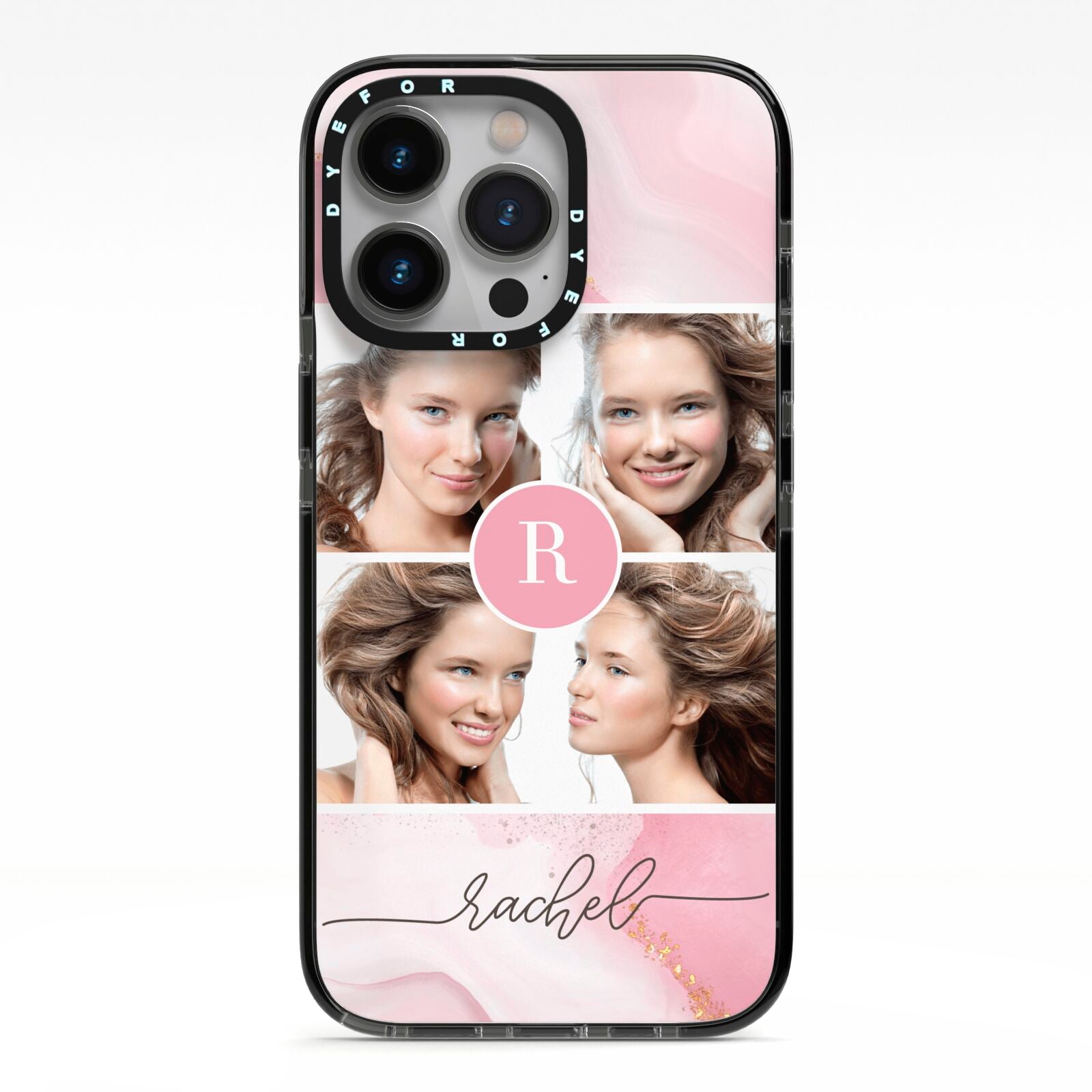 Pink Marble Personalised Photo iPhone 13 Pro Black Impact Case on Silver phone