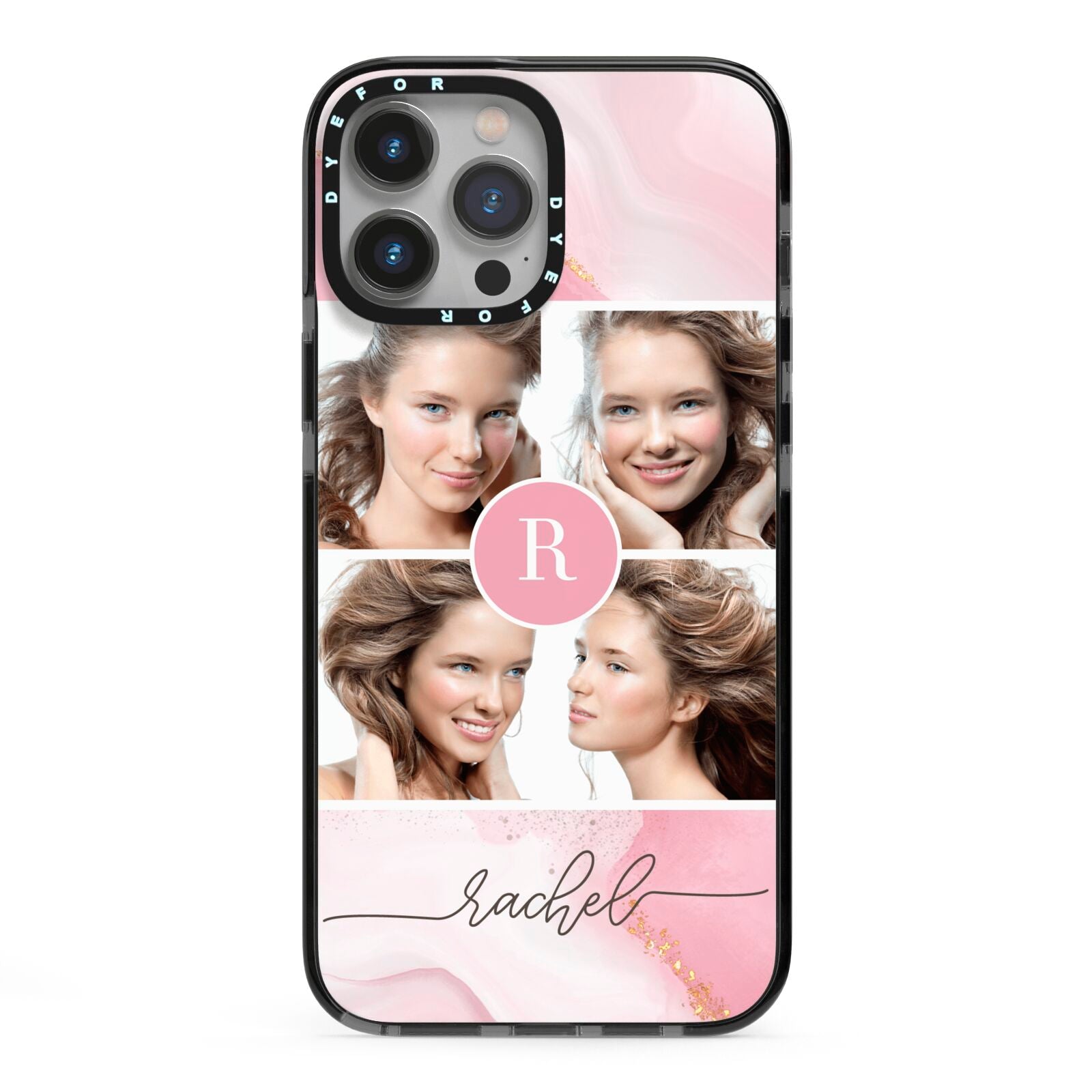Pink Marble Personalised Photo iPhone 13 Pro Max Black Impact Case on Silver phone