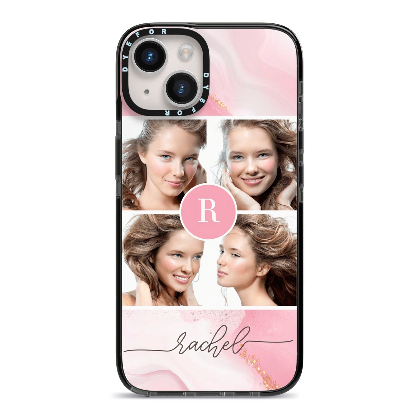 Pink Marble Personalised Photo iPhone 14 Black Impact Case on Silver phone