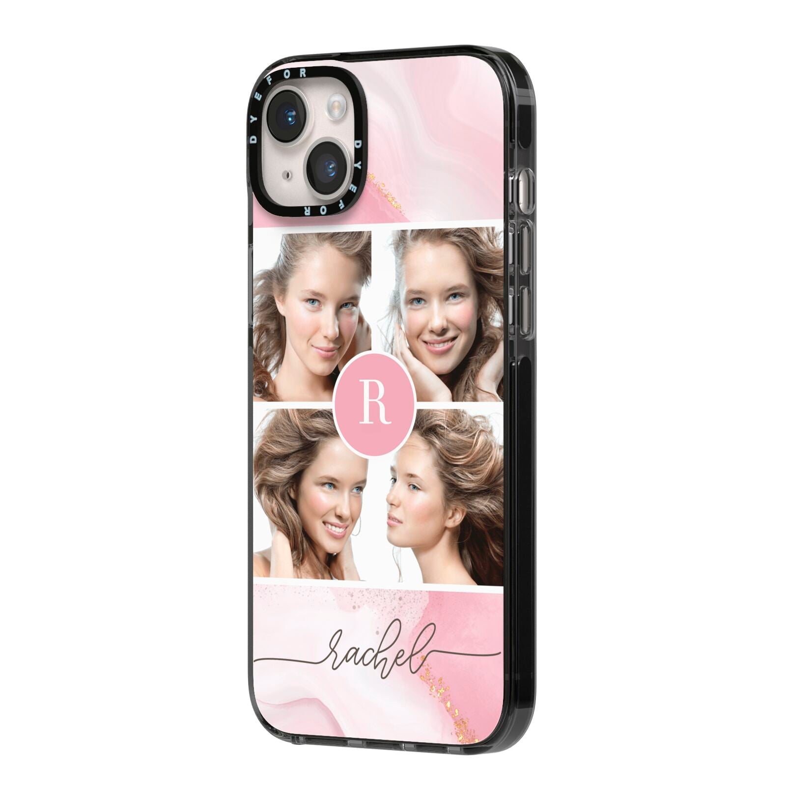 Pink Marble Personalised Photo iPhone 14 Plus Black Impact Case Side Angle on Silver phone