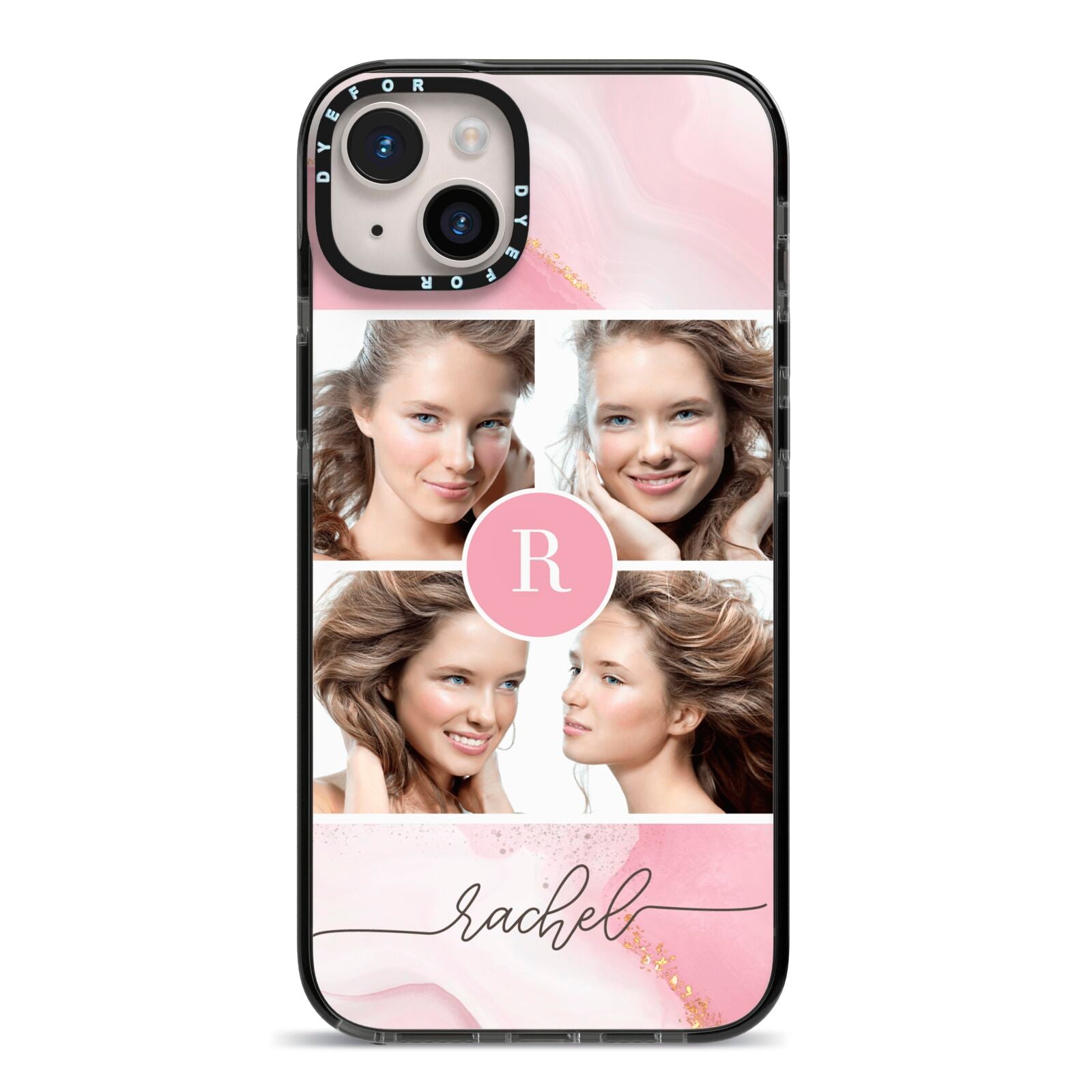 Pink Marble Personalised Photo iPhone 14 Plus Black Impact Case on Silver phone