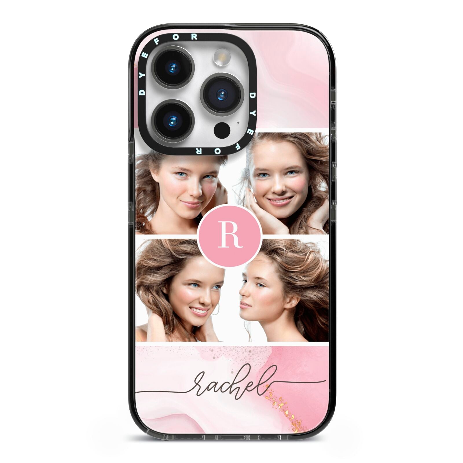 Pink Marble Personalised Photo iPhone 14 Pro Black Impact Case on Silver phone
