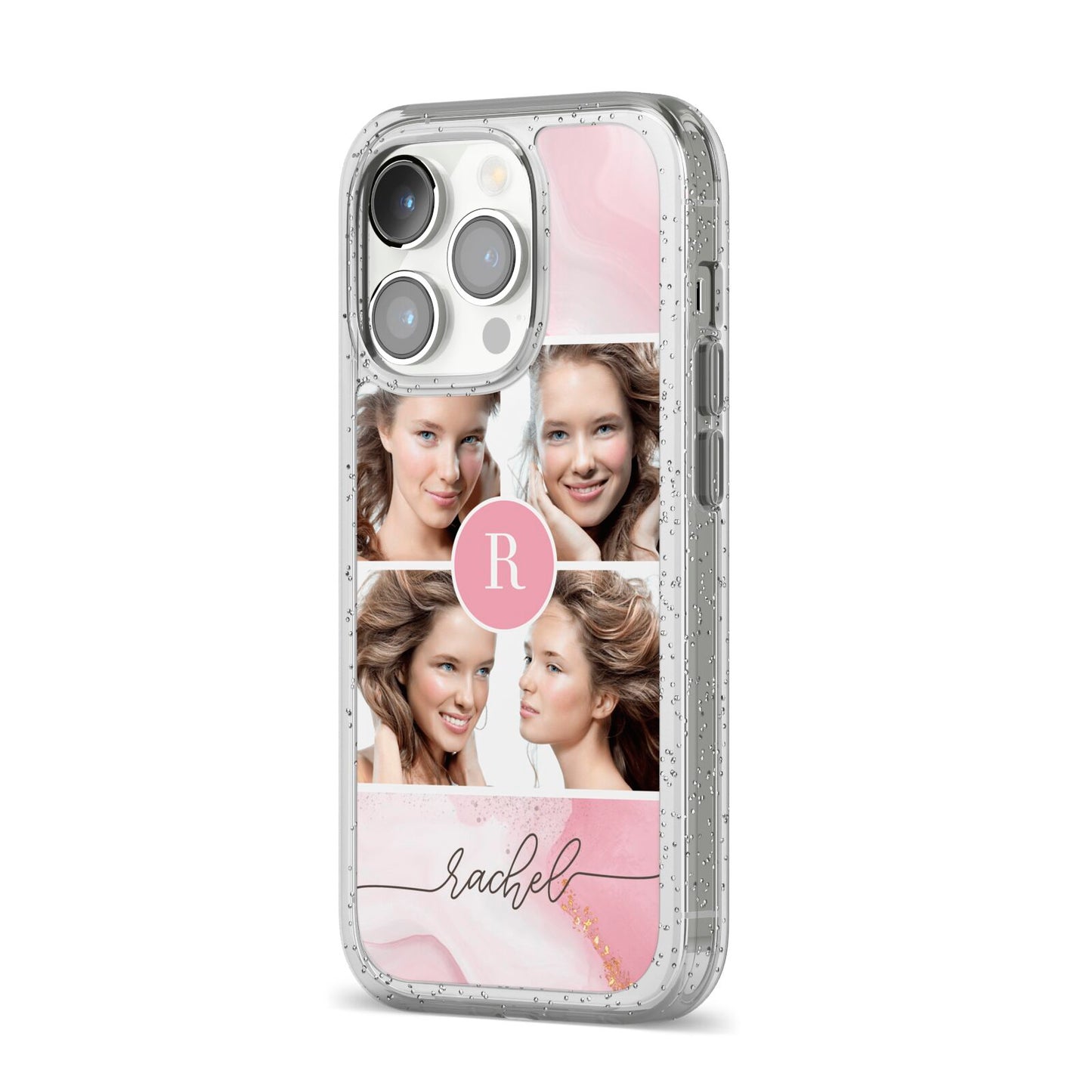 Pink Marble Personalised Photo iPhone 14 Pro Glitter Tough Case Silver Angled Image