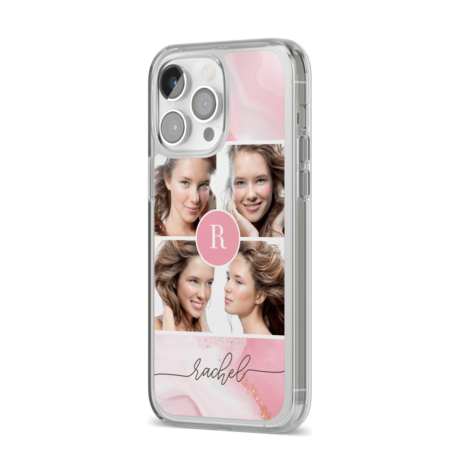Pink Marble Personalised Photo iPhone 14 Pro Max Clear Tough Case Silver Angled Image
