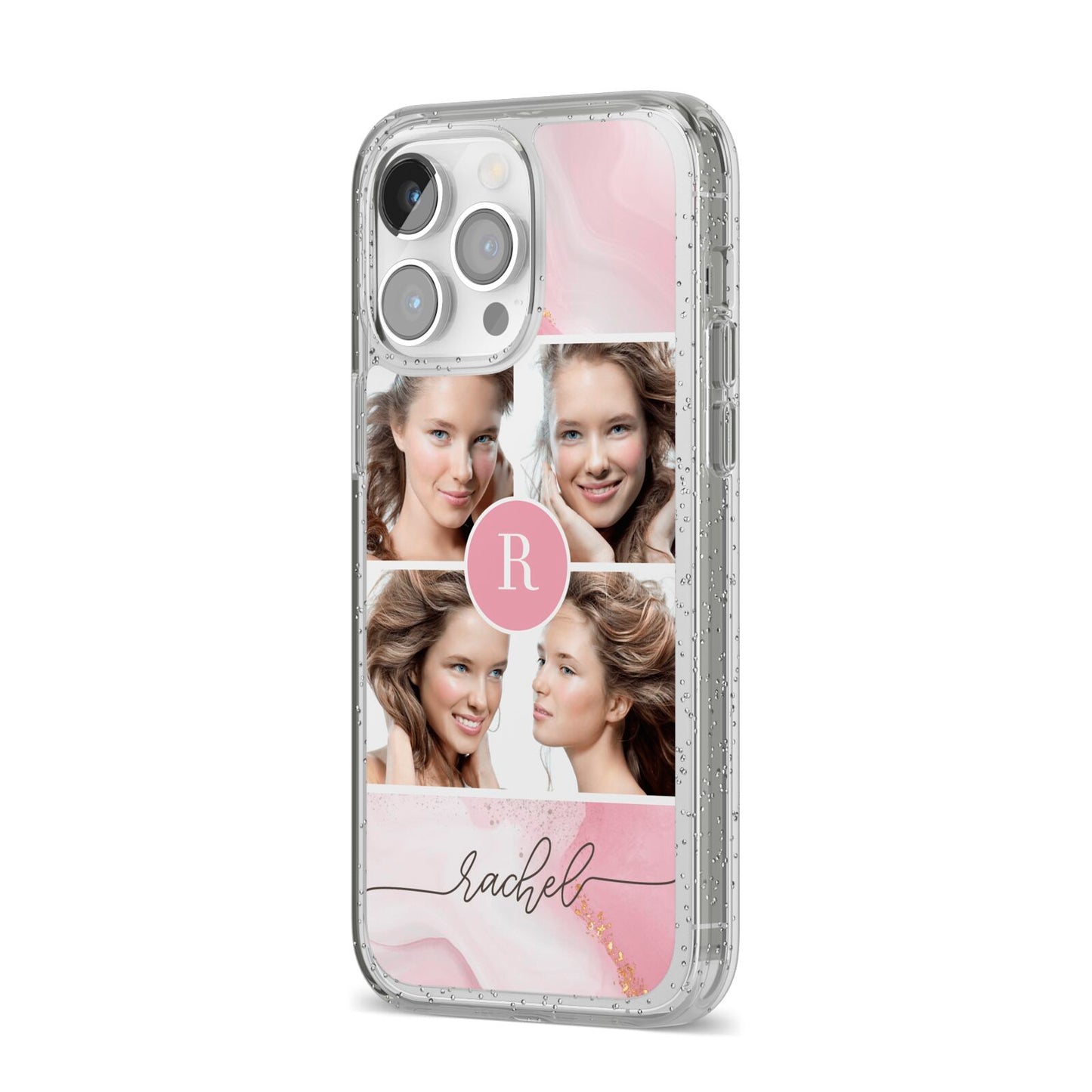 Pink Marble Personalised Photo iPhone 14 Pro Max Glitter Tough Case Silver Angled Image