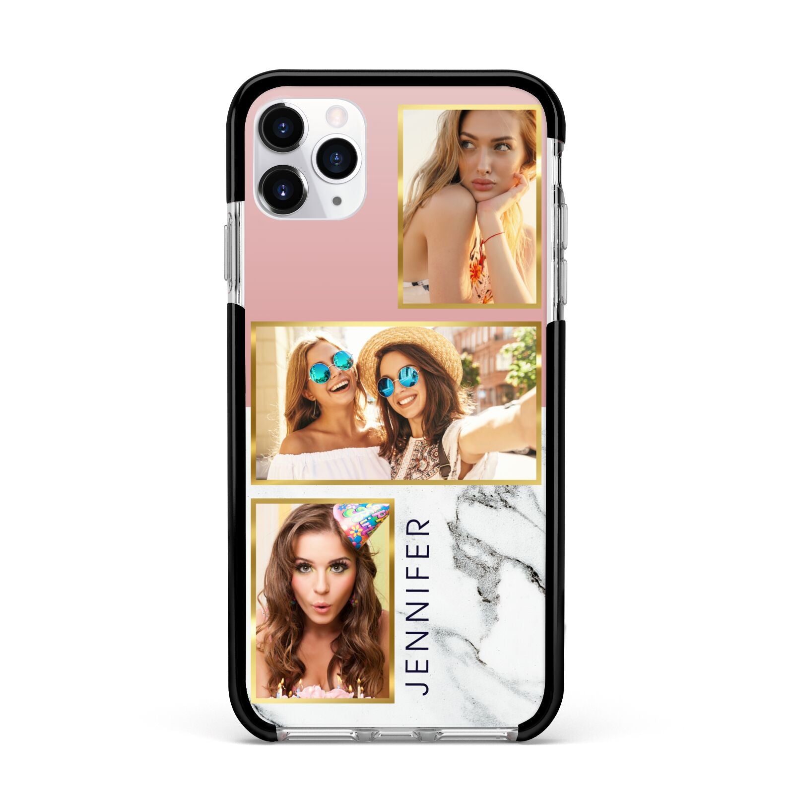 Pink Marble Photo Upload Name Apple iPhone 11 Pro Max in Silver with Black Impact Case