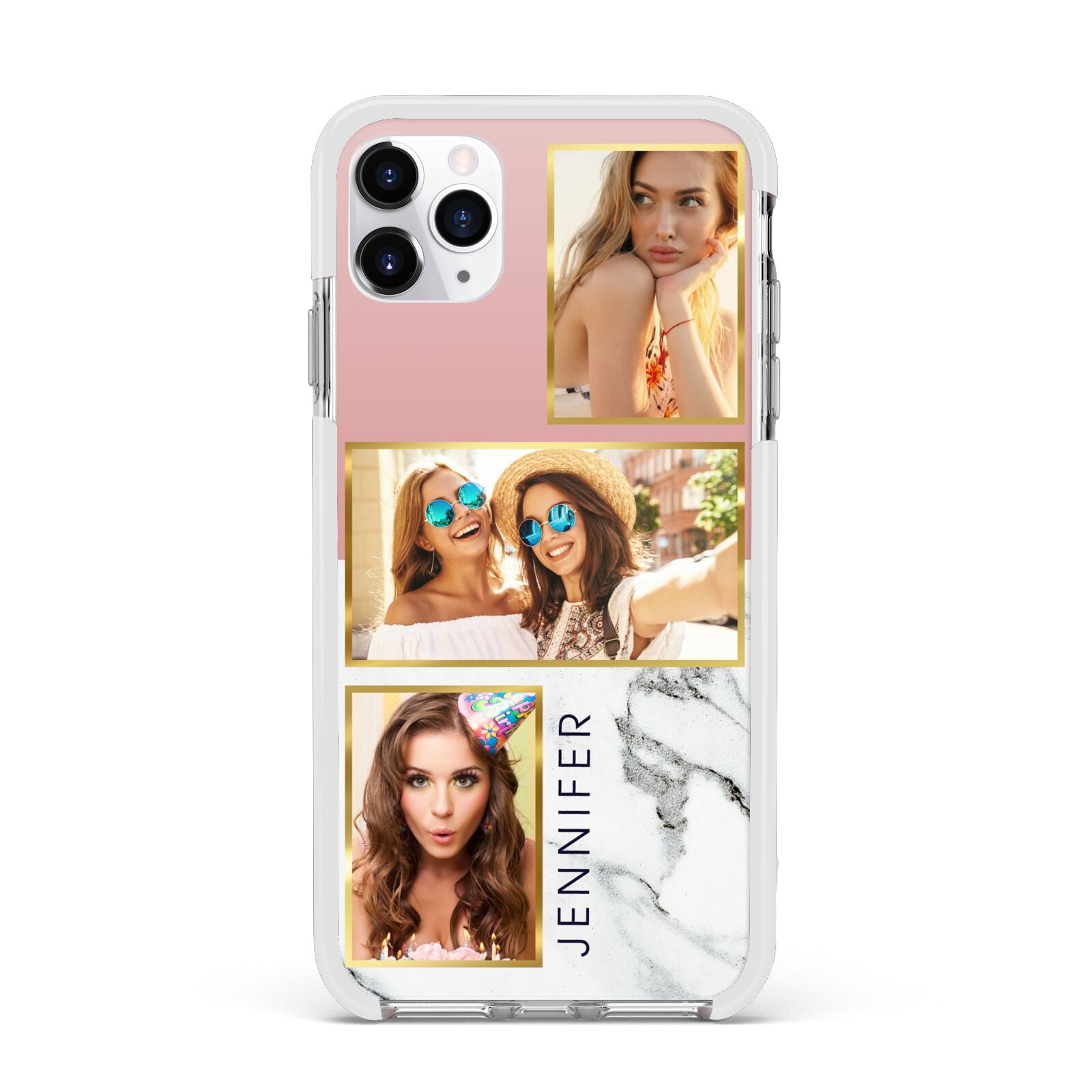Pink Marble Photo Upload Name Apple iPhone 11 Pro Max in Silver with White Impact Case