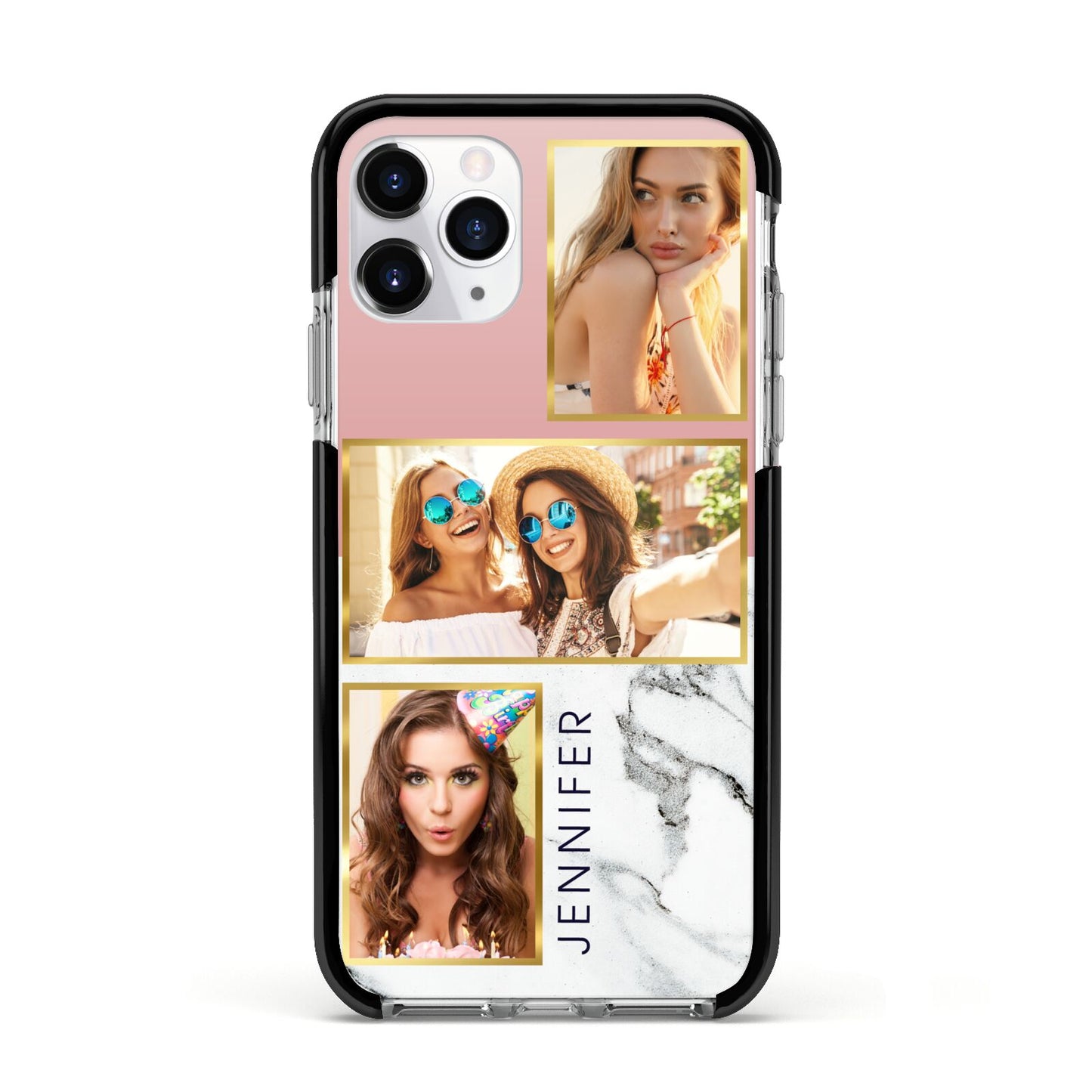 Pink Marble Photo Upload Name Apple iPhone 11 Pro in Silver with Black Impact Case