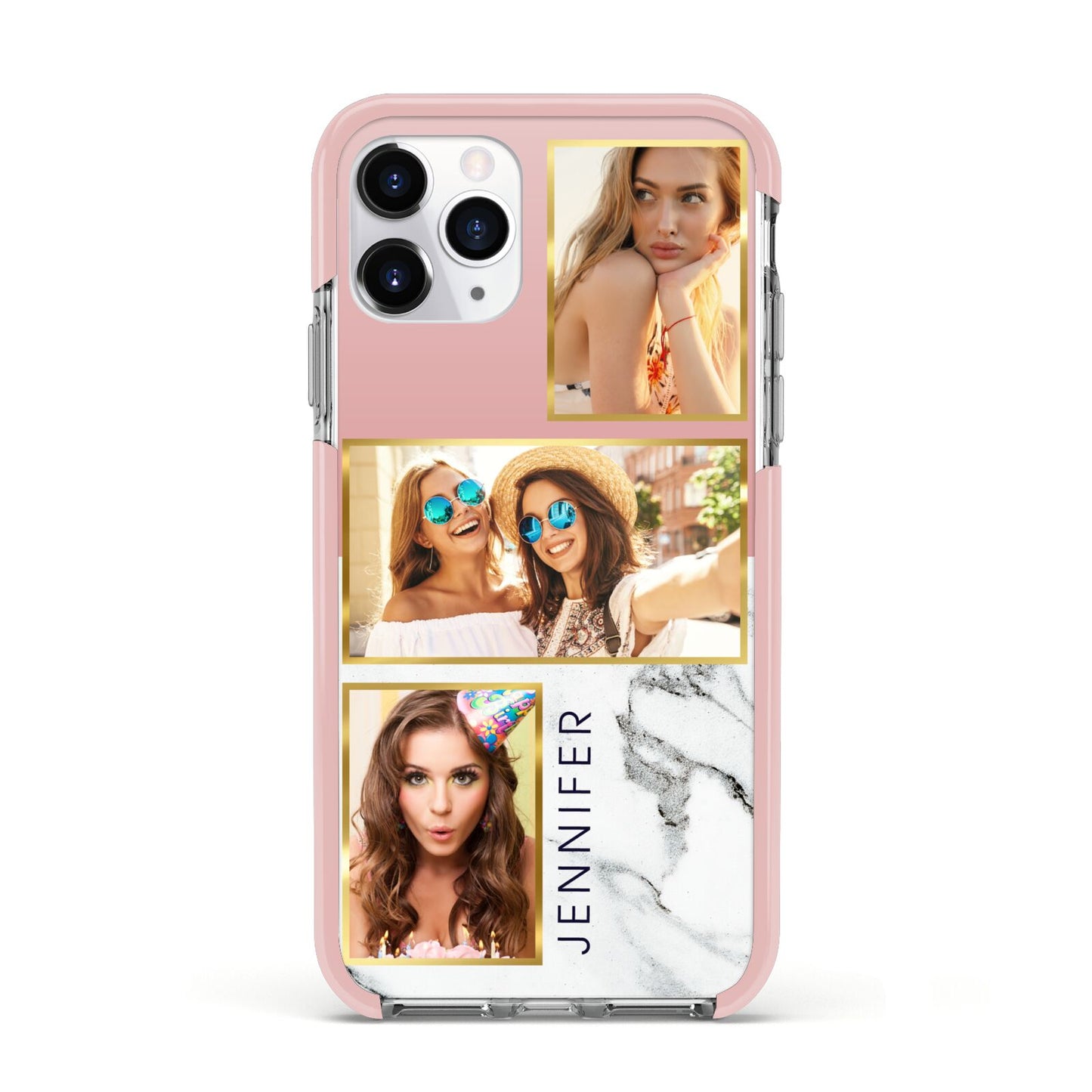 Pink Marble Photo Upload Name Apple iPhone 11 Pro in Silver with Pink Impact Case