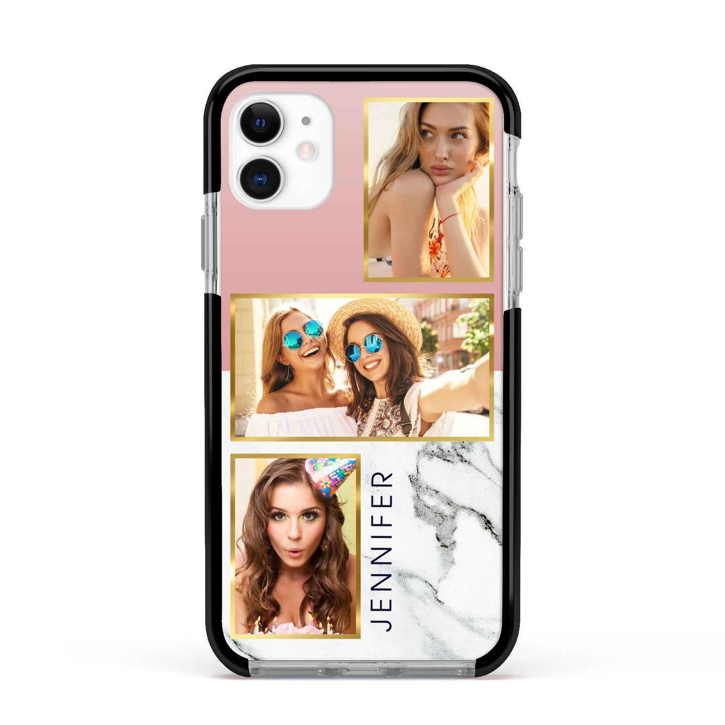 Pink Marble Photo Upload Name Apple iPhone 11 in White with Black Impact Case