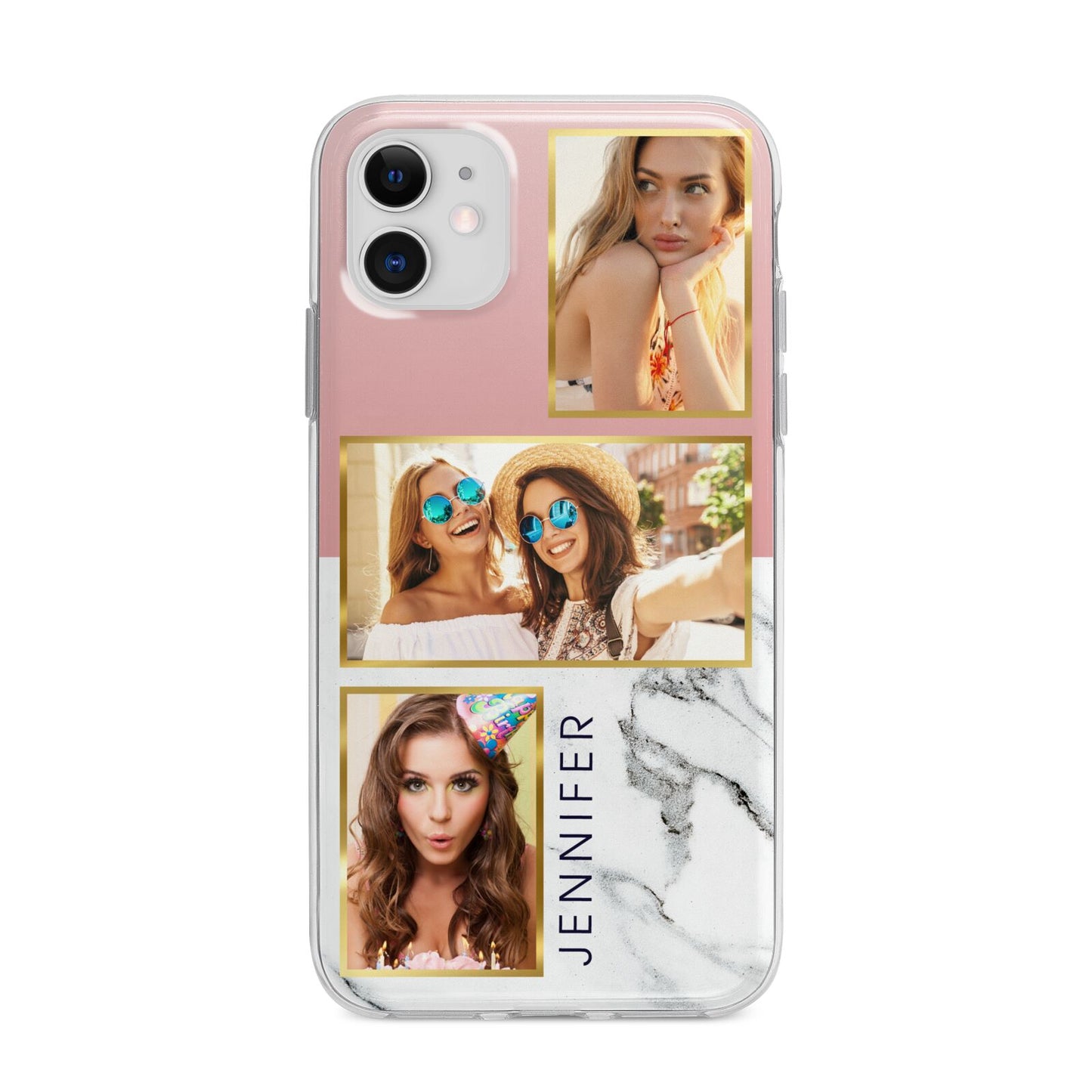 Pink Marble Photo Upload Name Apple iPhone 11 in White with Bumper Case