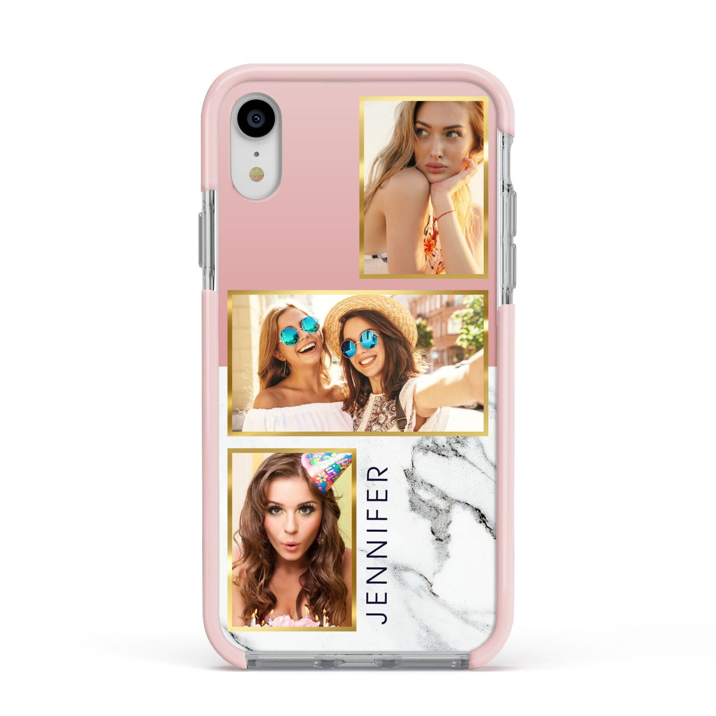 Pink Marble Photo Upload Name Apple iPhone XR Impact Case Pink Edge on Silver Phone