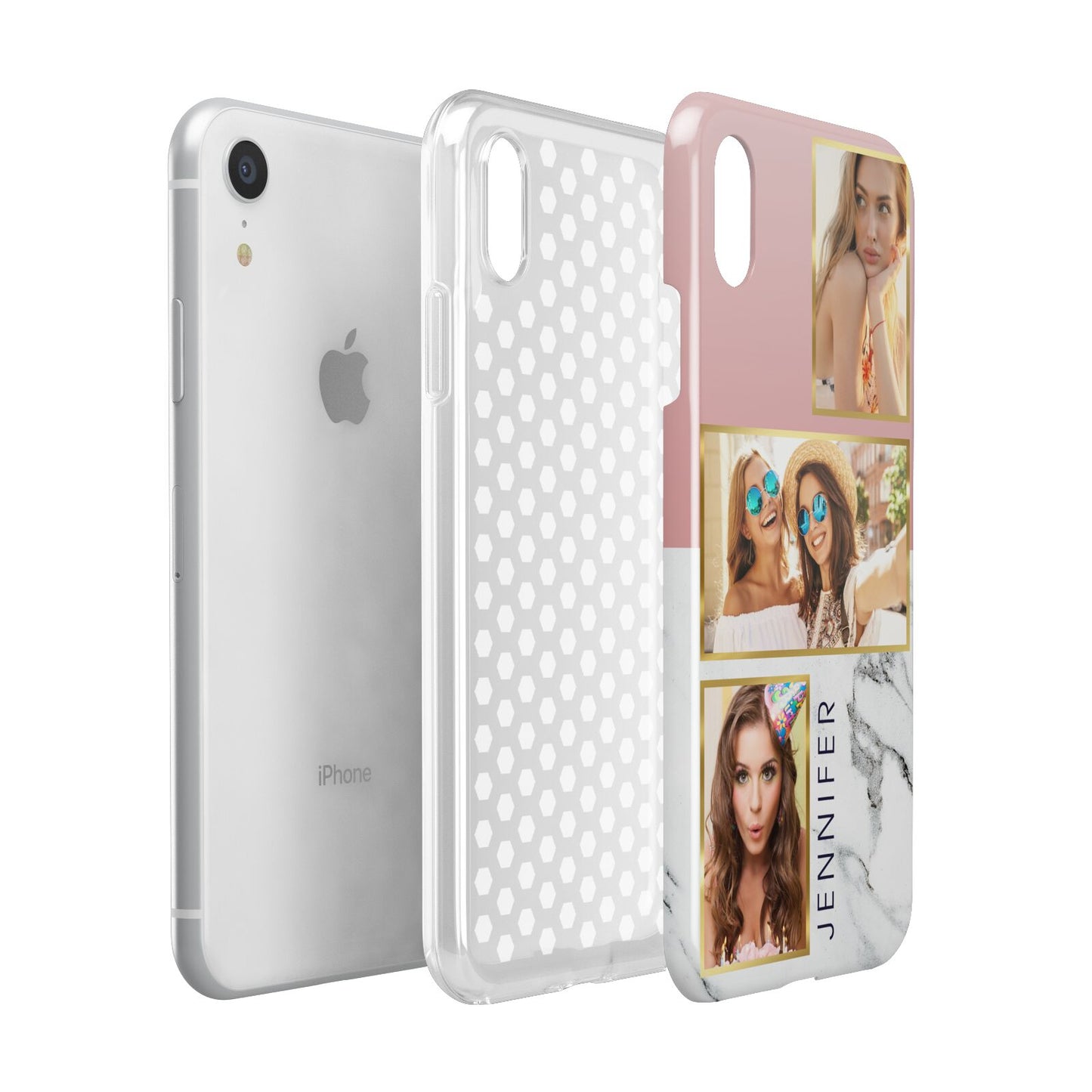 Pink Marble Photo Upload Name Apple iPhone XR White 3D Tough Case Expanded view