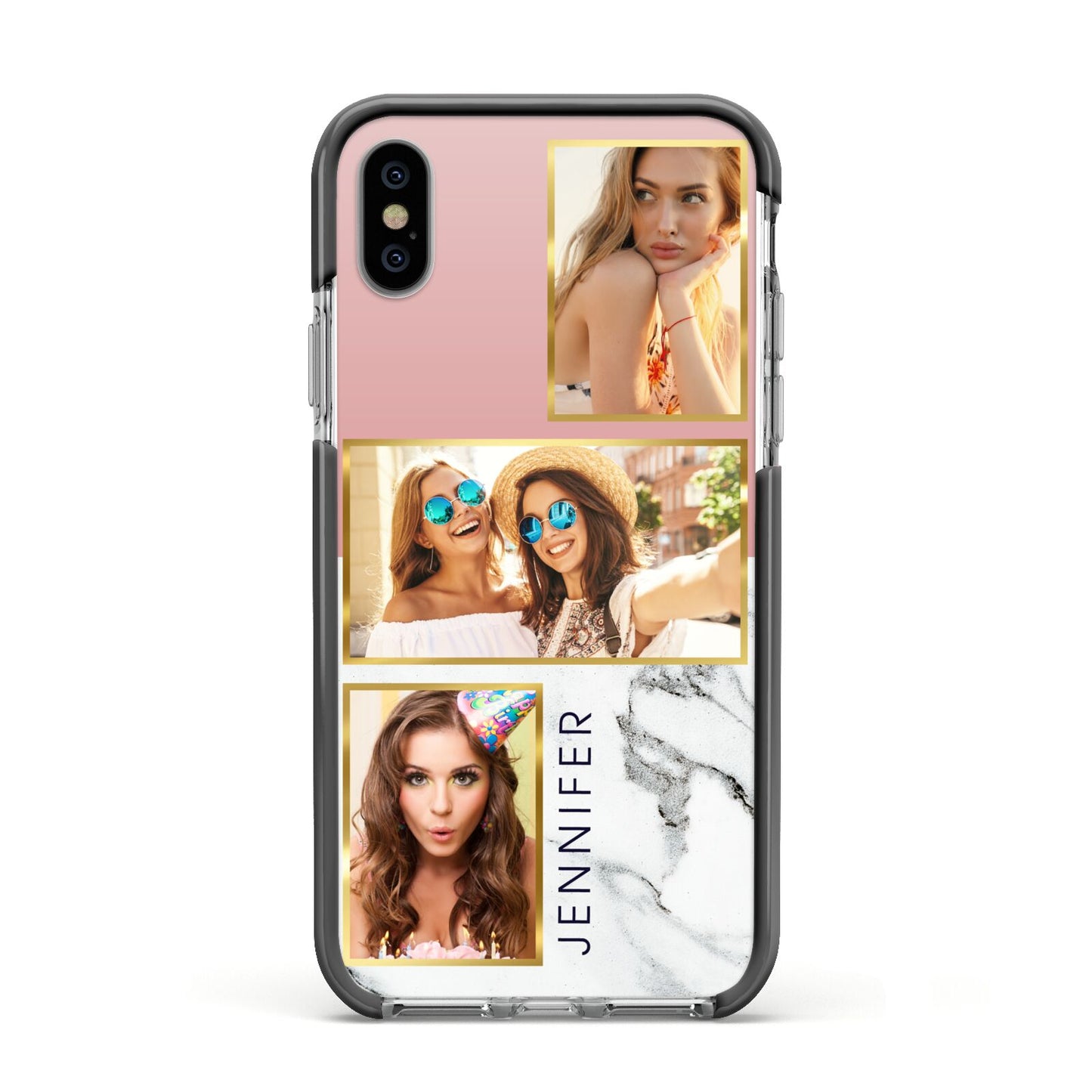 Pink Marble Photo Upload Name Apple iPhone Xs Impact Case Black Edge on Silver Phone