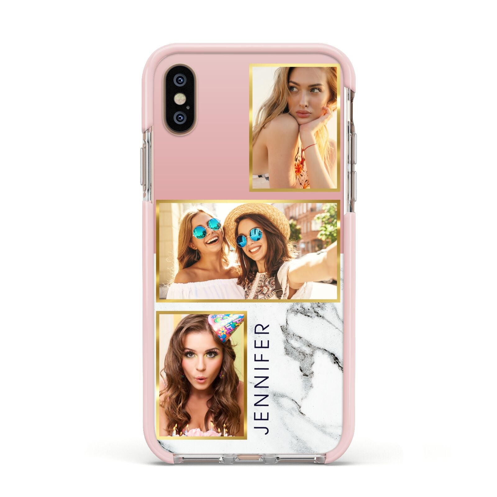 Pink Marble Photo Upload Name Apple iPhone Xs Impact Case Pink Edge on Gold Phone