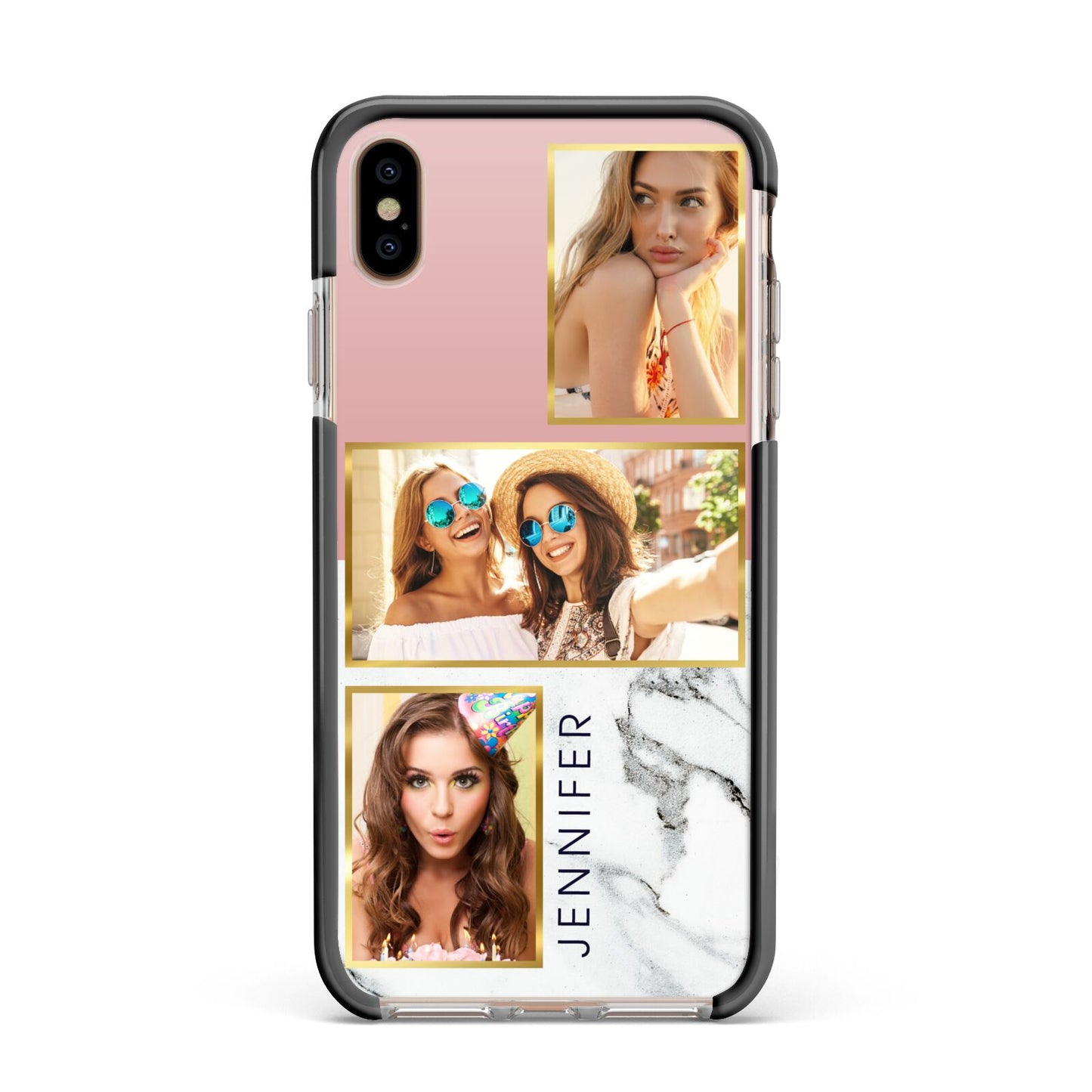 Pink Marble Photo Upload Name Apple iPhone Xs Max Impact Case Black Edge on Gold Phone