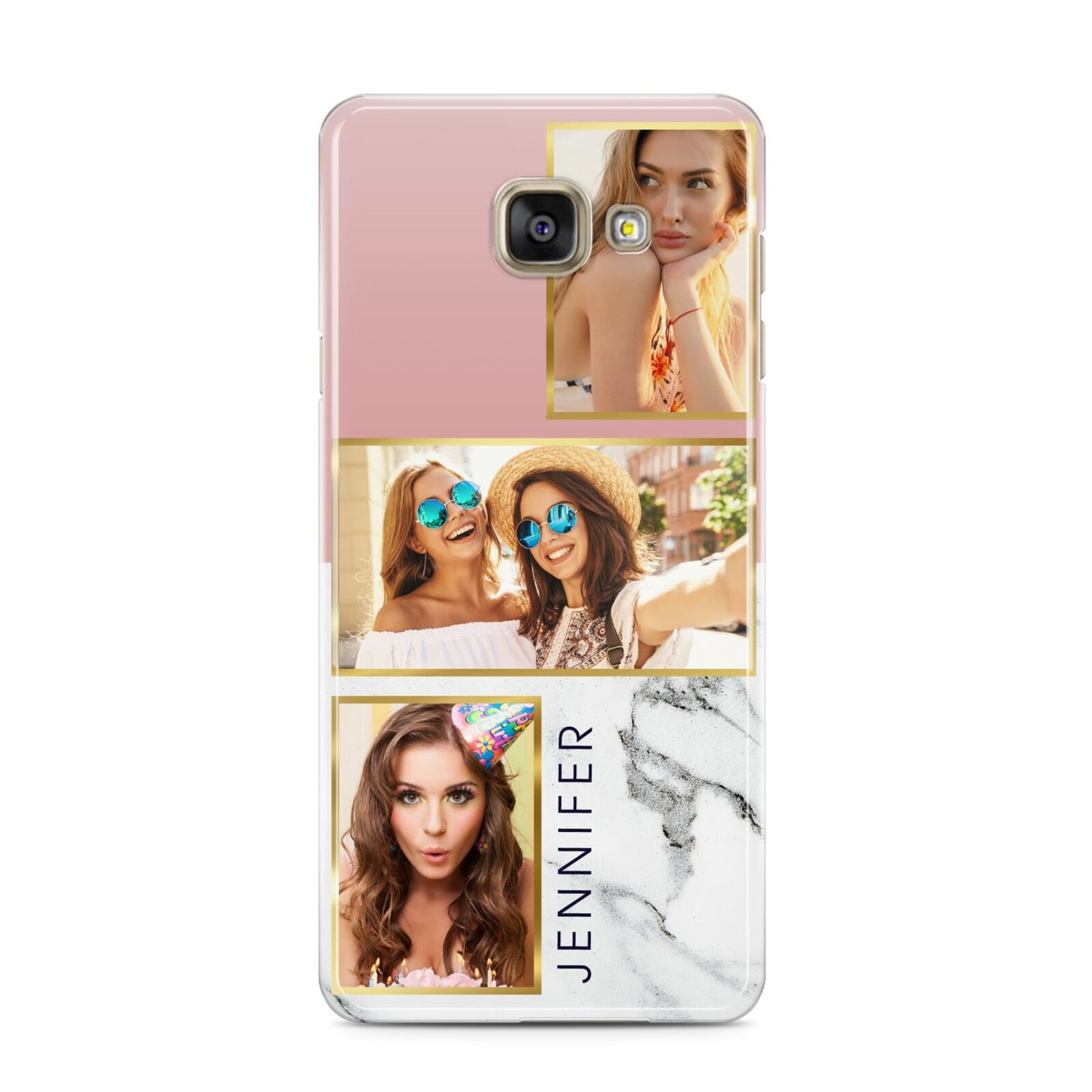 Pink Marble Photo Upload Name Samsung Galaxy A3 2016 Case on gold phone