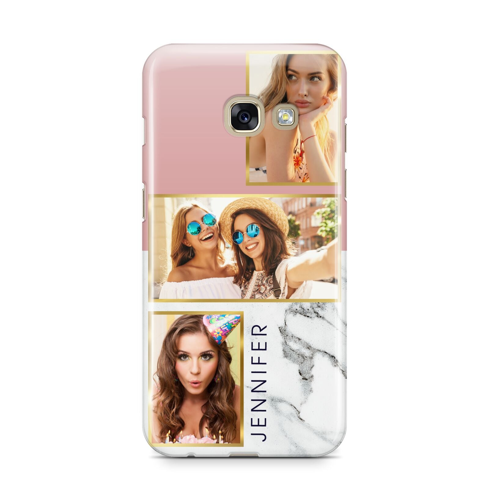 Pink Marble Photo Upload Name Samsung Galaxy A3 2017 Case on gold phone