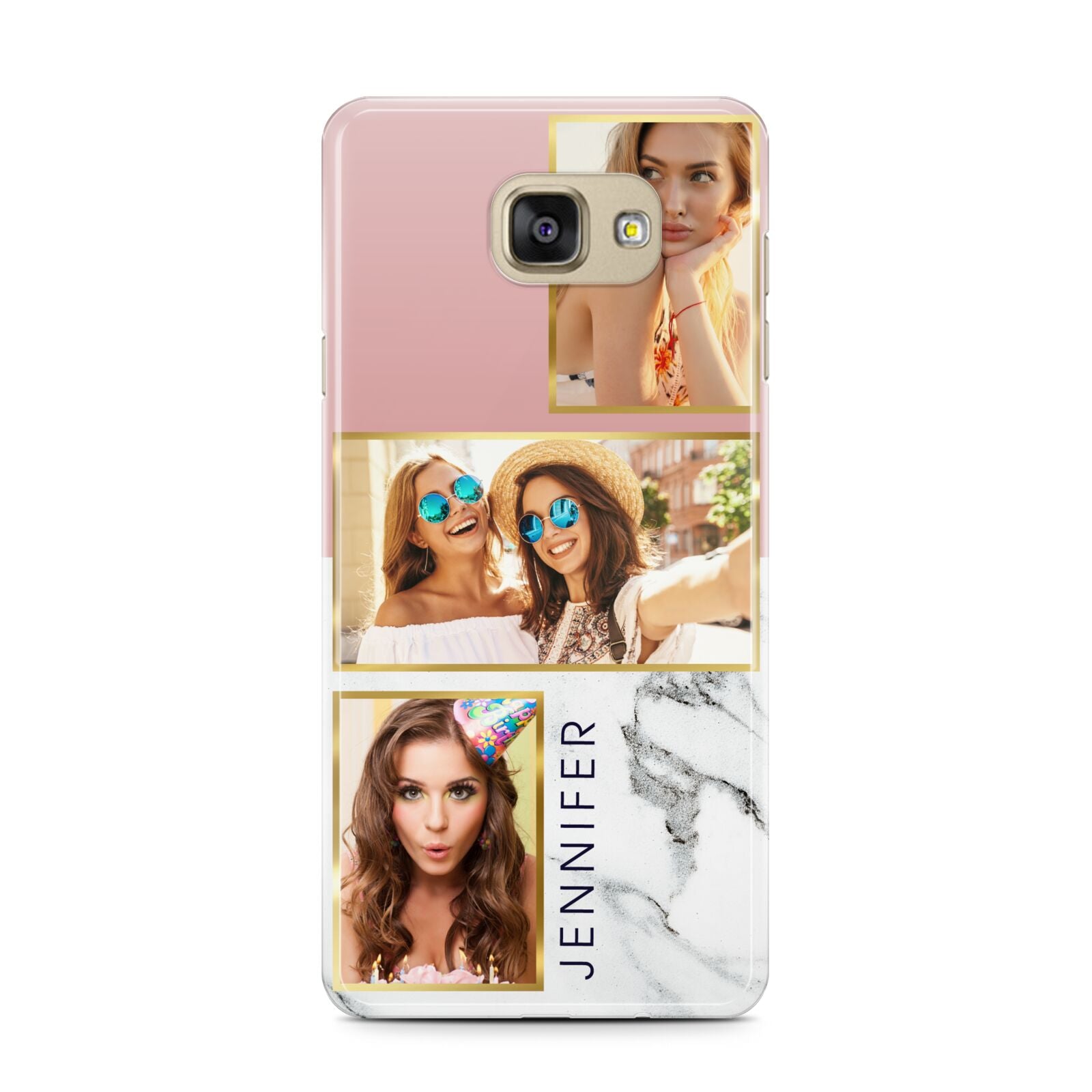 Pink Marble Photo Upload Name Samsung Galaxy A7 2016 Case on gold phone