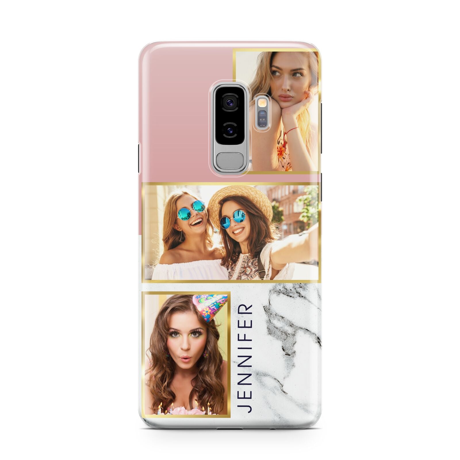 Pink Marble Photo Upload Name Samsung Galaxy S9 Plus Case on Silver phone