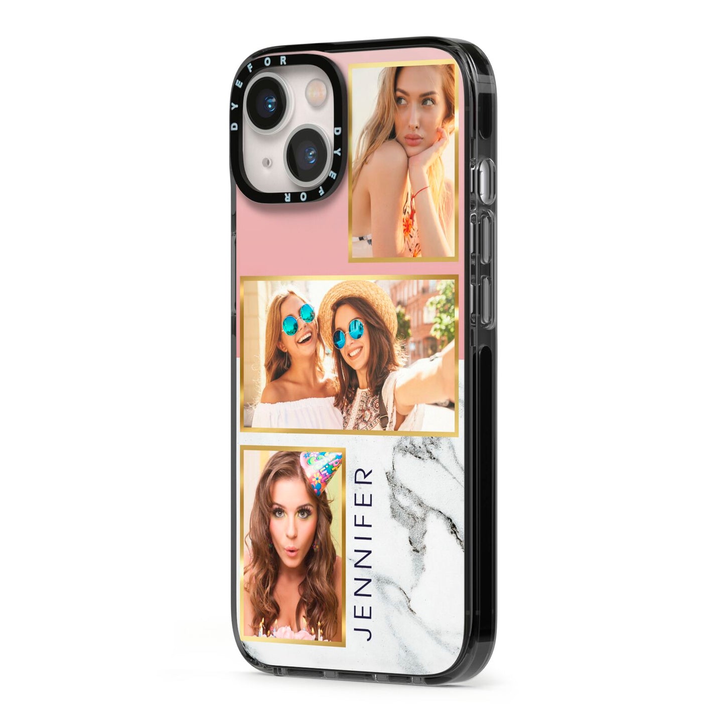 Pink Marble Photo Upload Name iPhone 13 Black Impact Case Side Angle on Silver phone