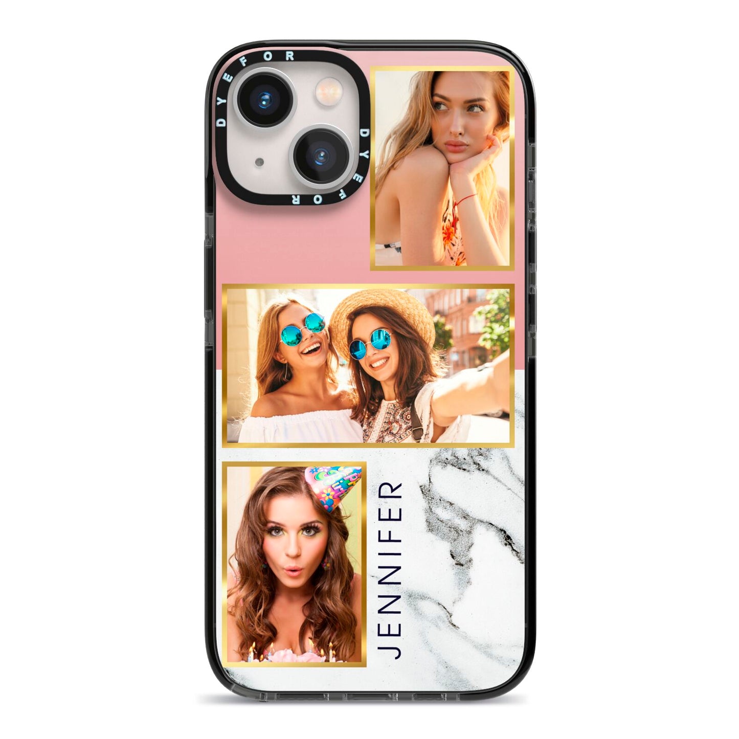 Pink Marble Photo Upload Name iPhone 13 Black Impact Case on Silver phone