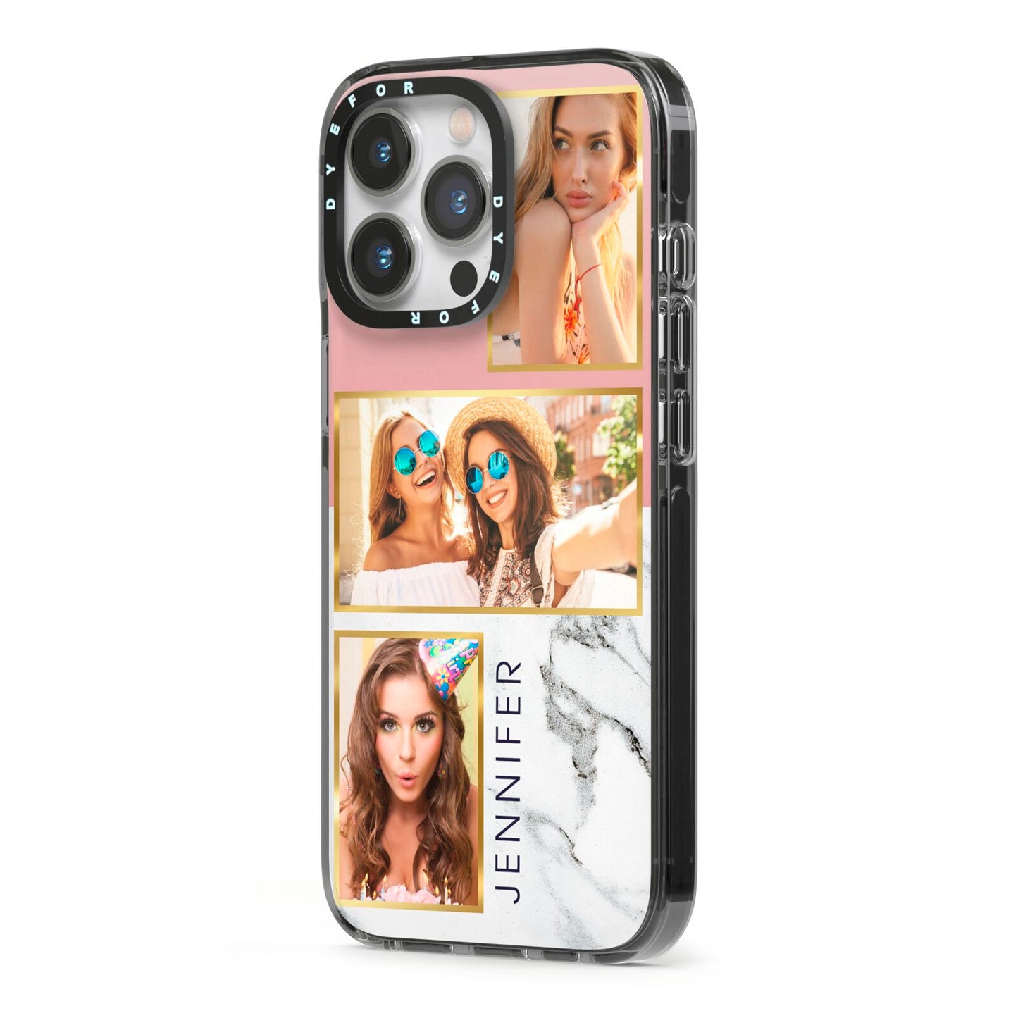 Pink Marble Photo Upload Name iPhone 13 Pro Black Impact Case Side Angle on Silver phone
