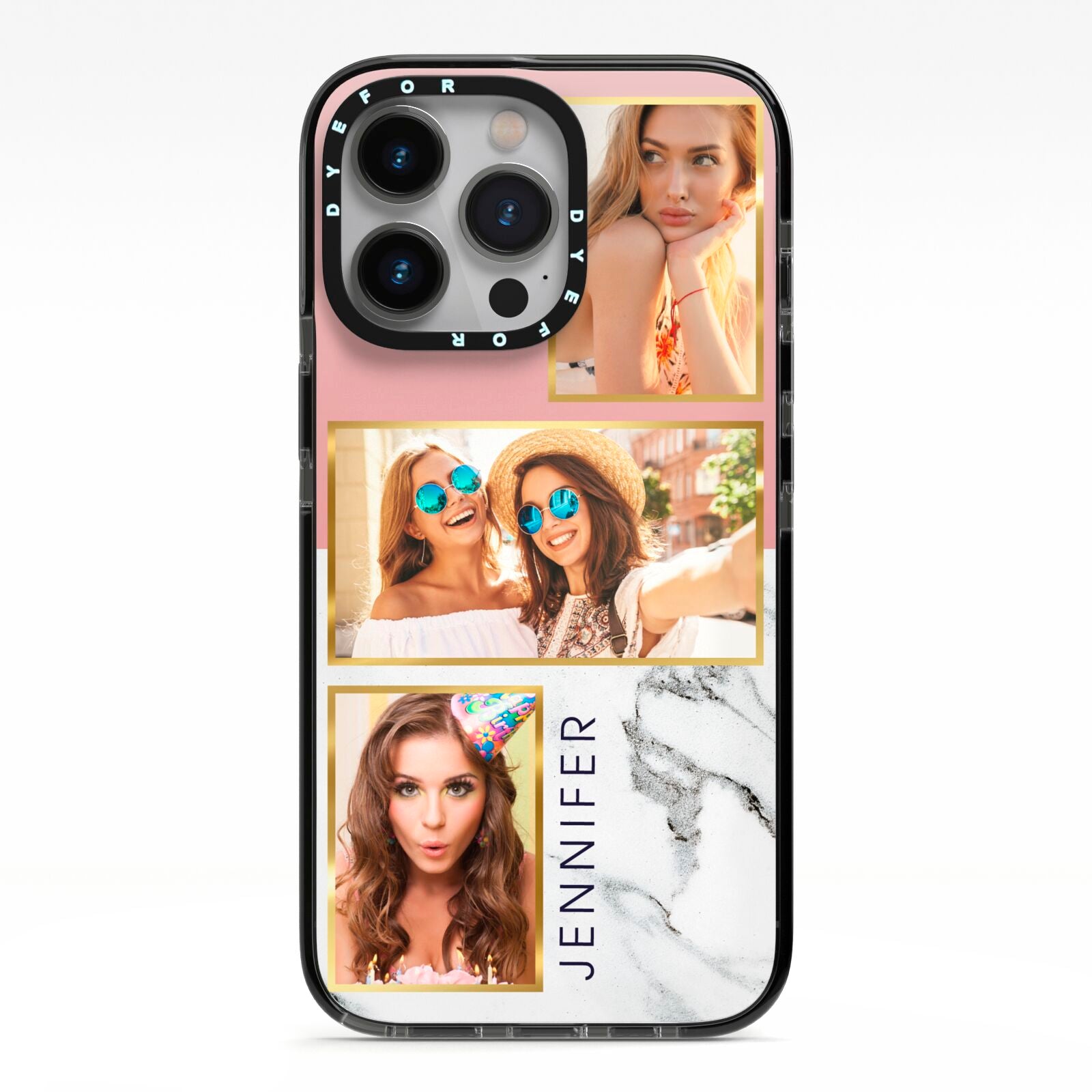 Pink Marble Photo Upload Name iPhone 13 Pro Black Impact Case on Silver phone