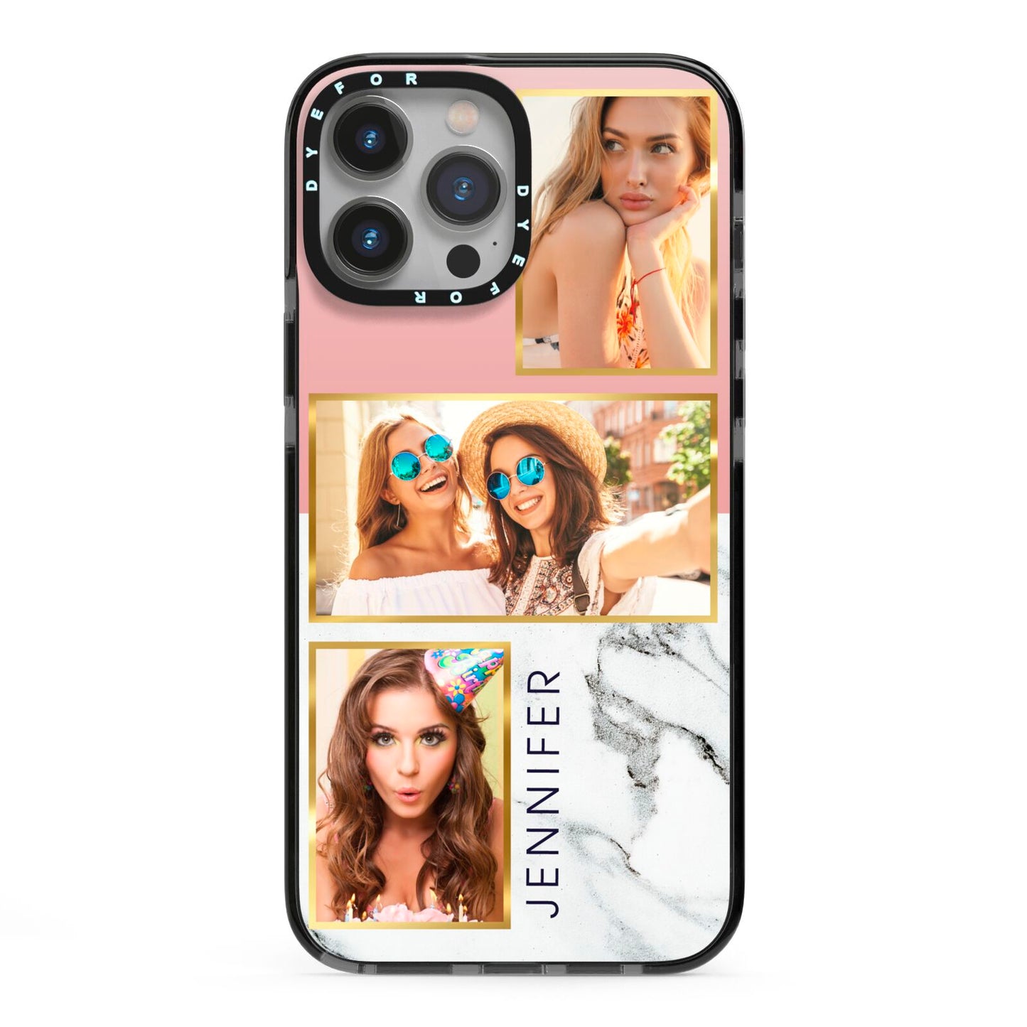 Pink Marble Photo Upload Name iPhone 13 Pro Max Black Impact Case on Silver phone