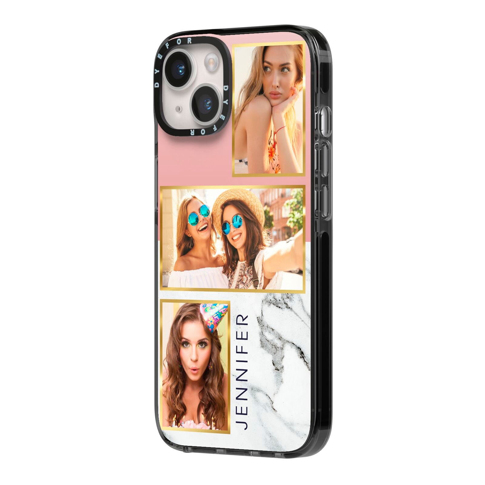 Pink Marble Photo Upload Name iPhone 14 Black Impact Case Side Angle on Silver phone