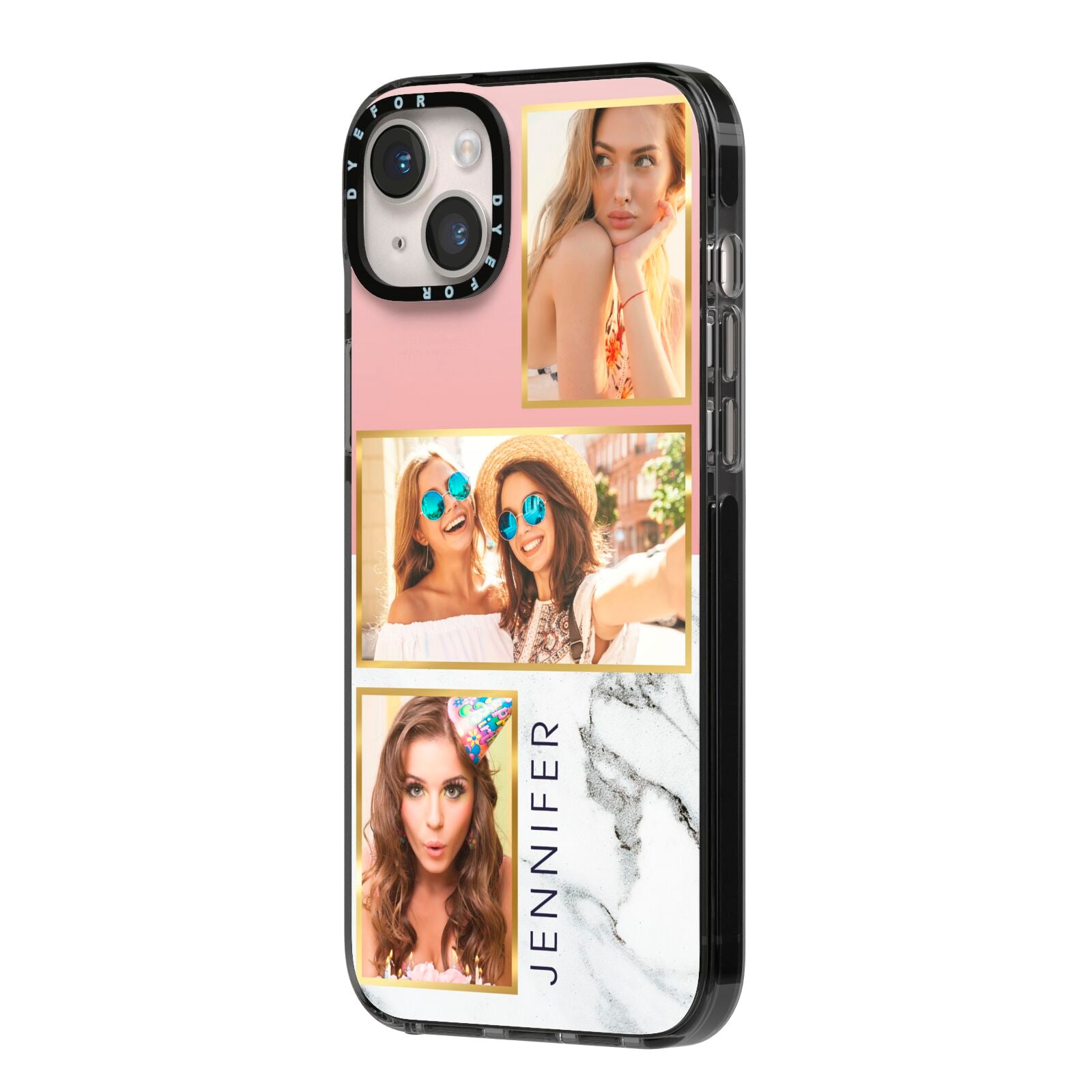 Pink Marble Photo Upload Name iPhone 14 Plus Black Impact Case Side Angle on Silver phone