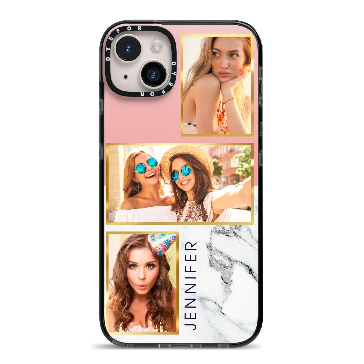Pink Marble Photo Upload Name iPhone 14 Plus Black Impact Case on Silver phone