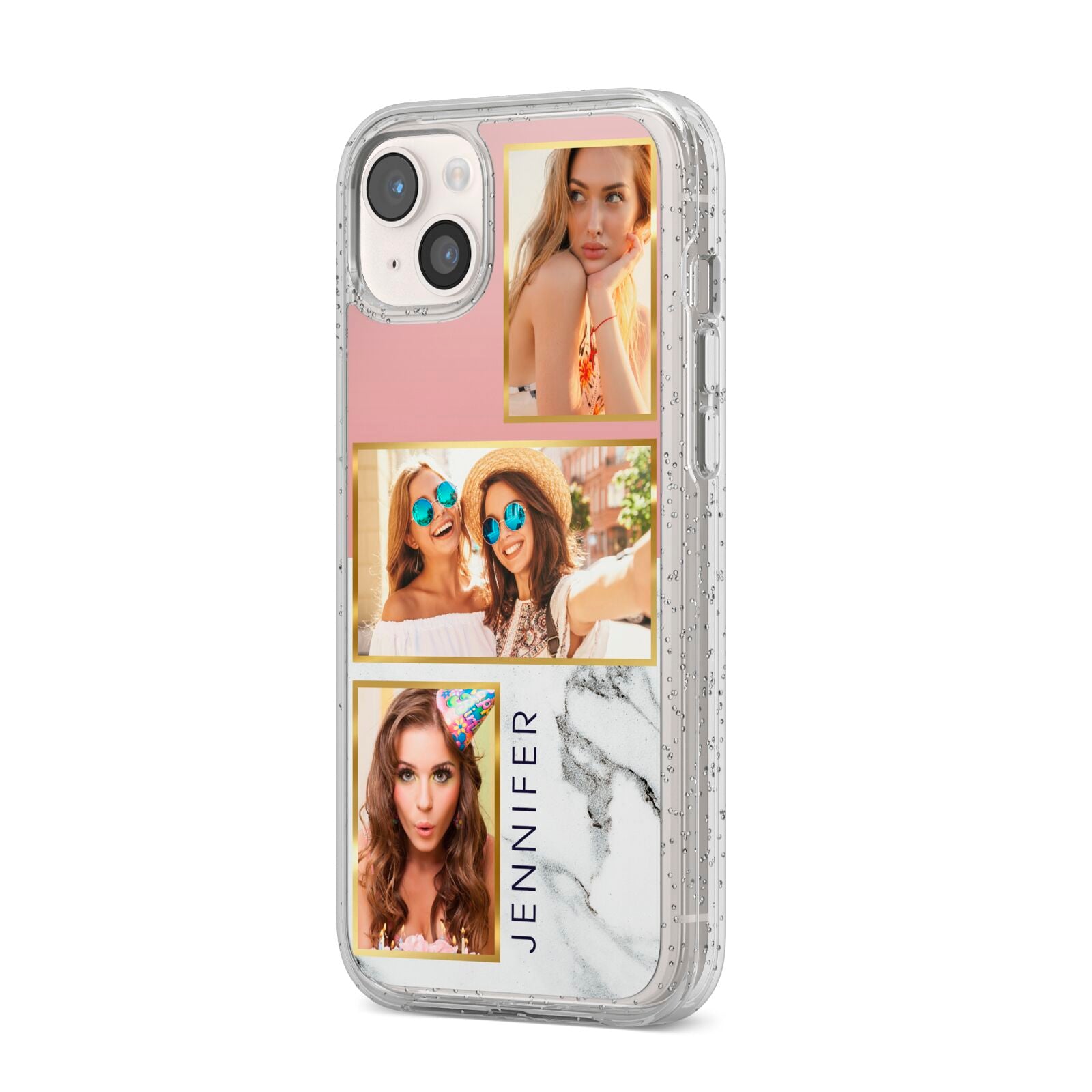 Pink Marble Photo Upload Name iPhone 14 Plus Glitter Tough Case Starlight Angled Image