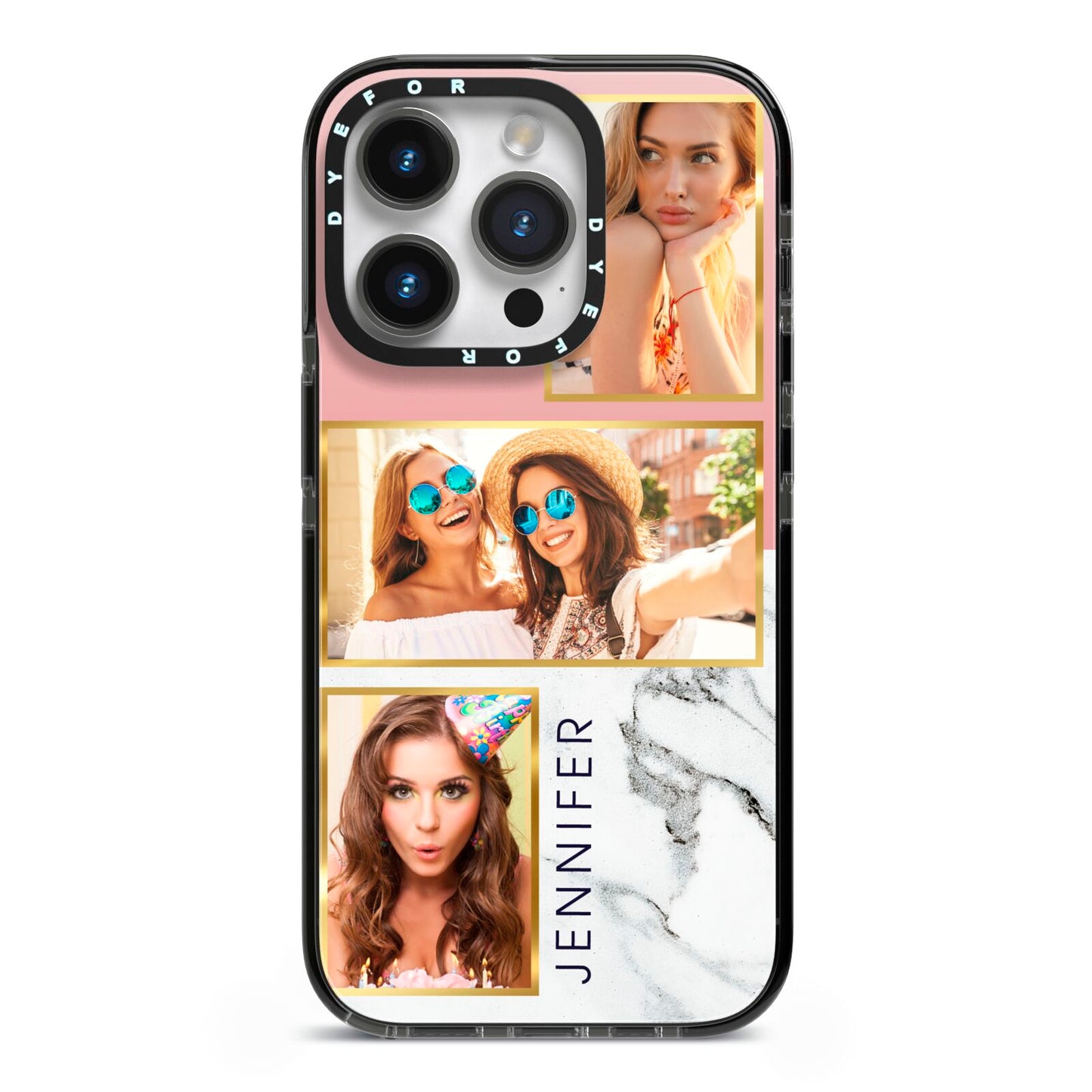 Pink Marble Photo Upload Name iPhone 14 Pro Black Impact Case on Silver phone