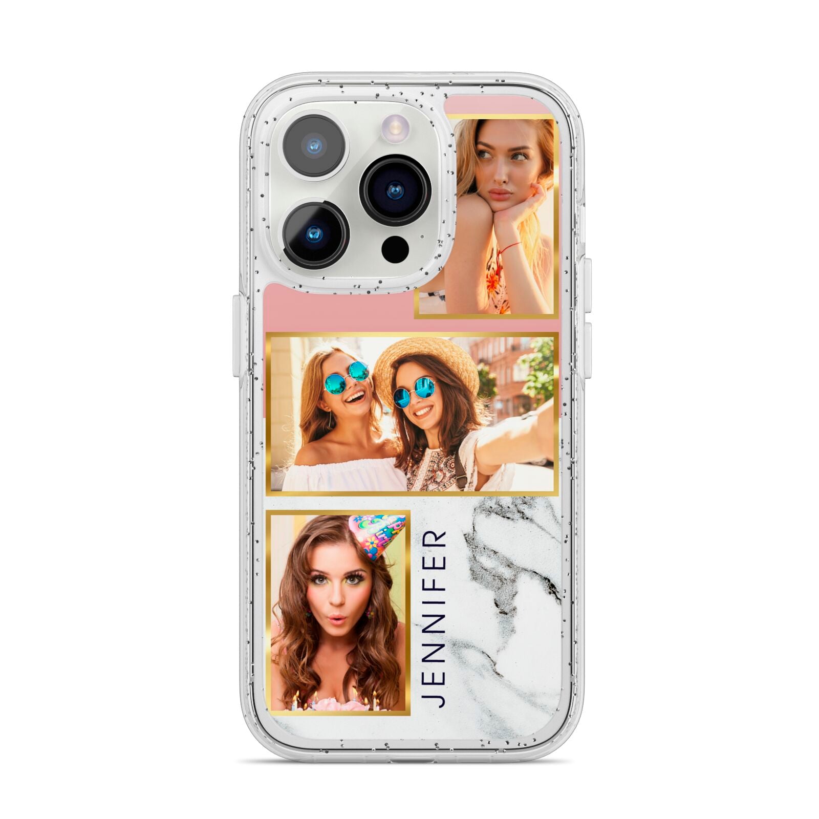 Pink Marble Photo Upload Name iPhone 14 Pro Glitter Tough Case Silver