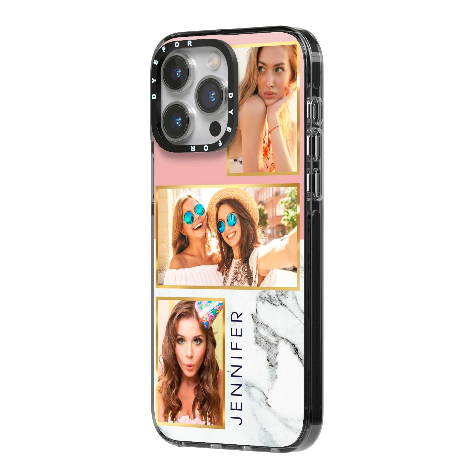Pink Marble Photo Upload Name iPhone 14 Pro Max Black Impact Case Side Angle on Silver phone