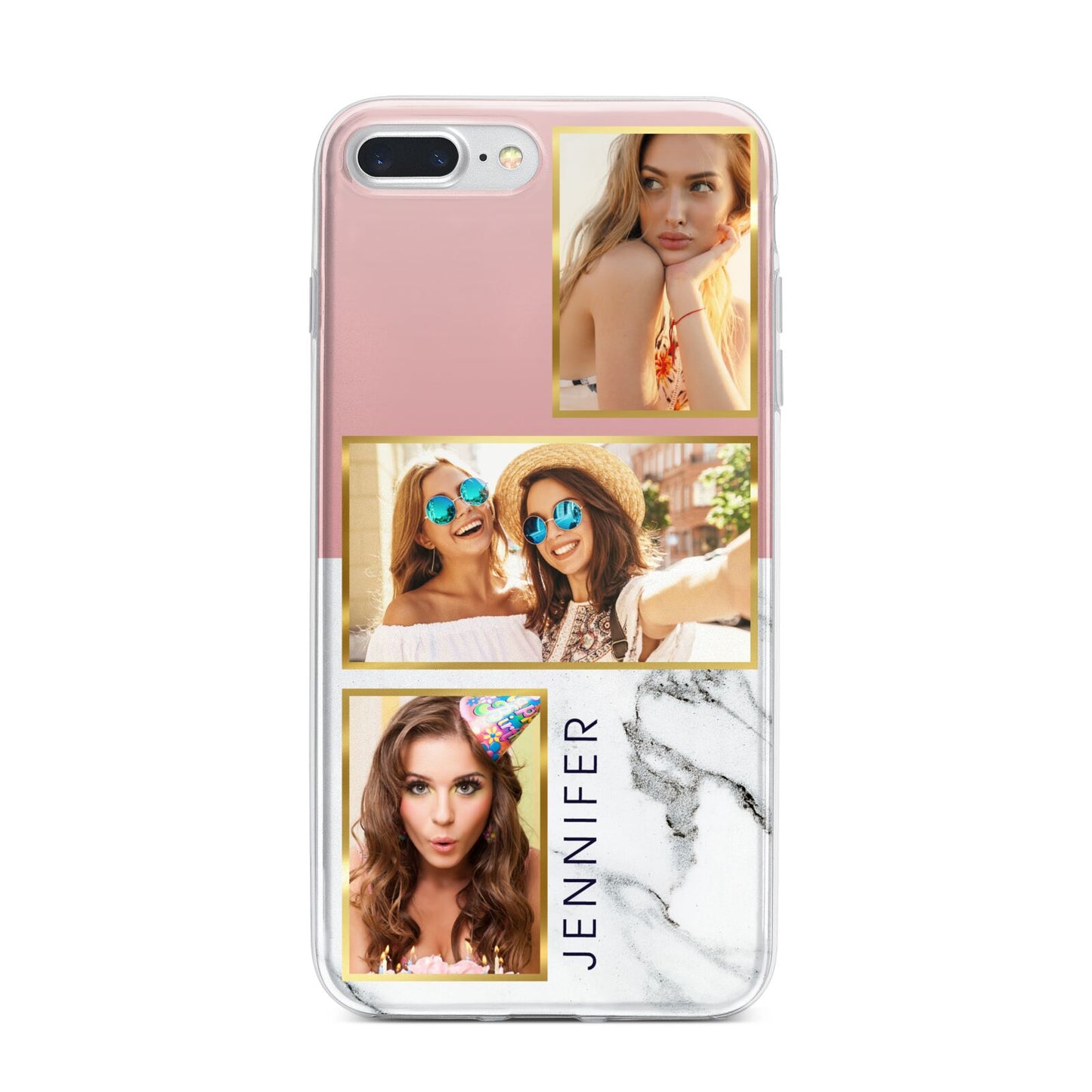 Pink Marble Photo Upload Name iPhone 7 Plus Bumper Case on Silver iPhone