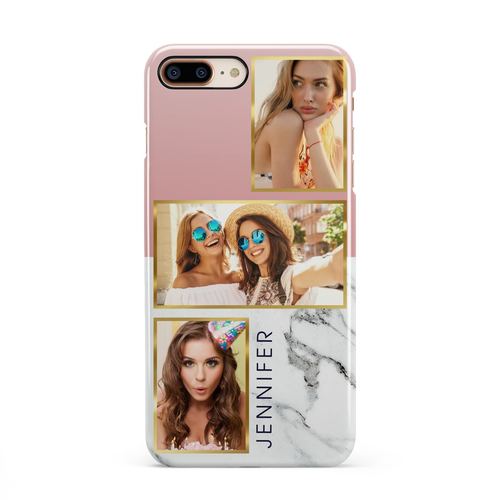 Pink Marble Photo Upload Name iPhone 8 Plus 3D Snap Case on Gold Phone