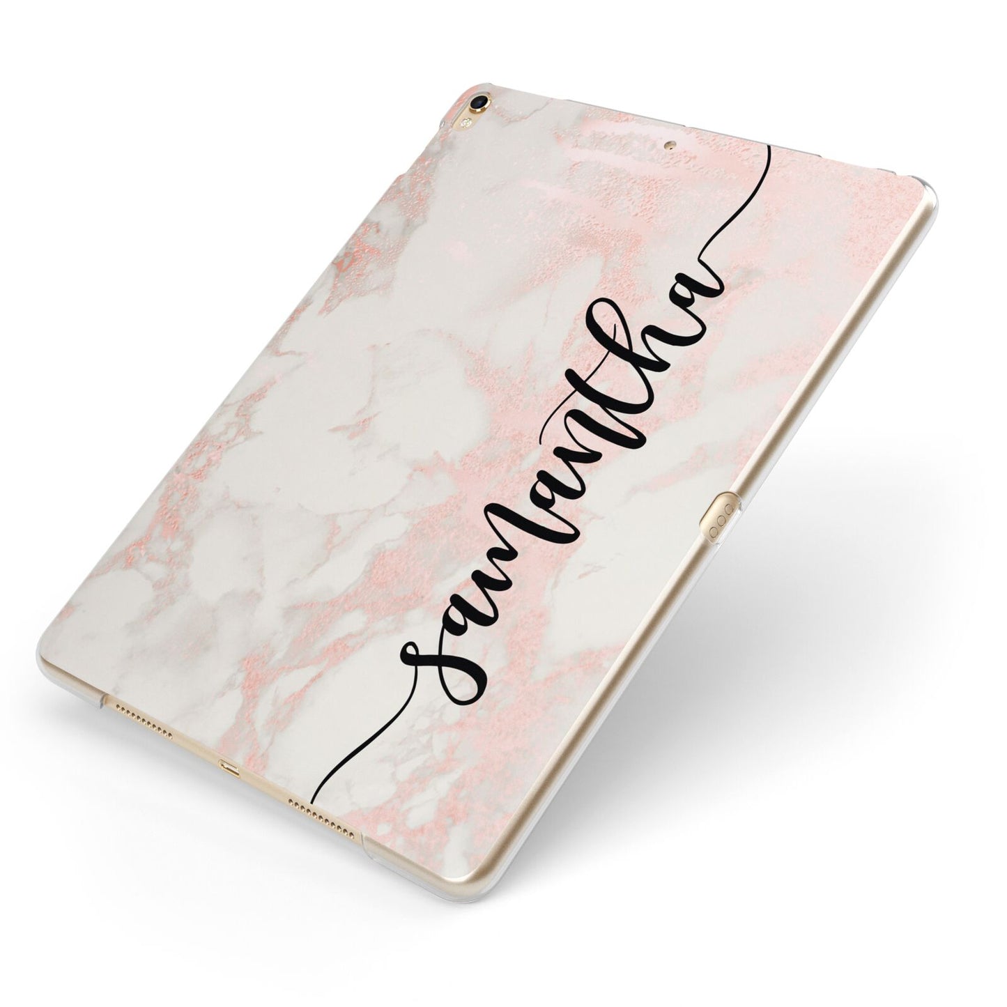 Pink Marble Vertical Black Personalised Name Apple iPad Case on Gold iPad Side View