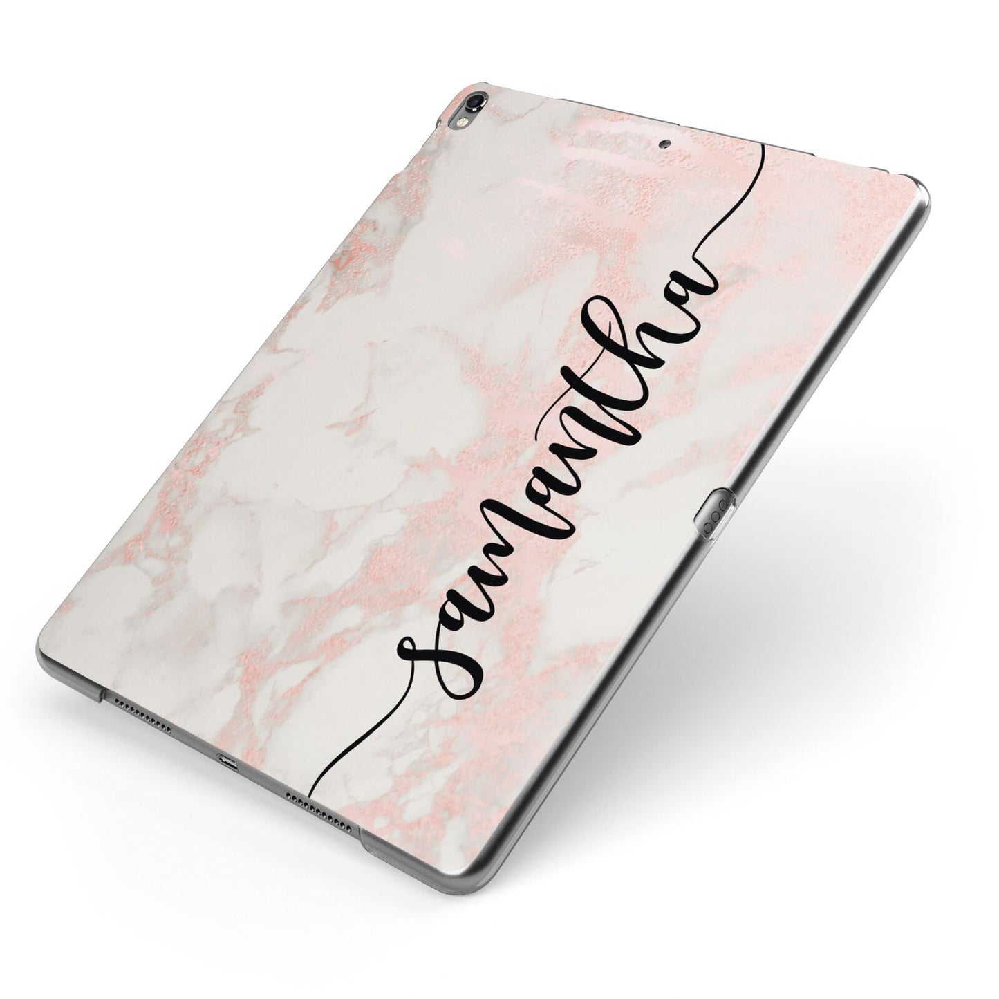 Pink Marble Vertical Black Personalised Name Apple iPad Case on Grey iPad Side View