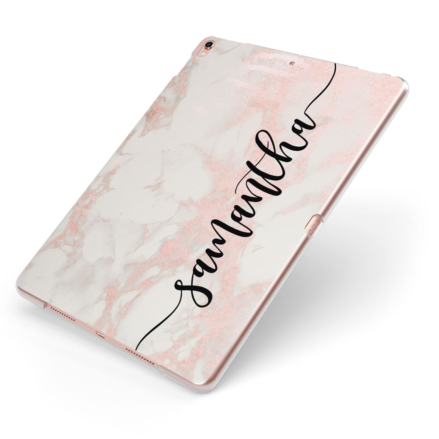 Pink Marble Vertical Black Personalised Name Apple iPad Case on Rose Gold iPad Side View