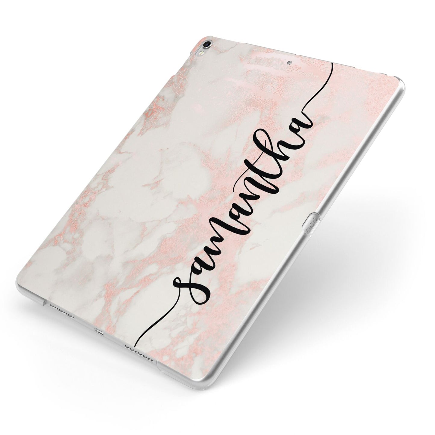 Pink Marble Vertical Black Personalised Name Apple iPad Case on Silver iPad Side View