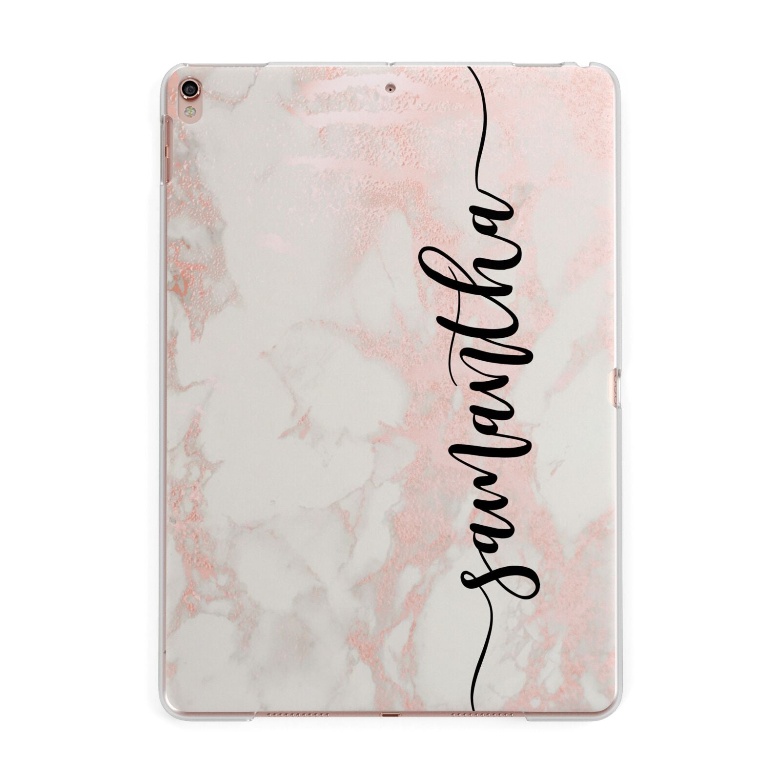 Pink Marble Vertical Black Personalised Name Apple iPad Rose Gold Case