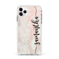 Pink Marble Vertical Black Personalised Name Apple iPhone 11 Pro Max in Silver with White Impact Case