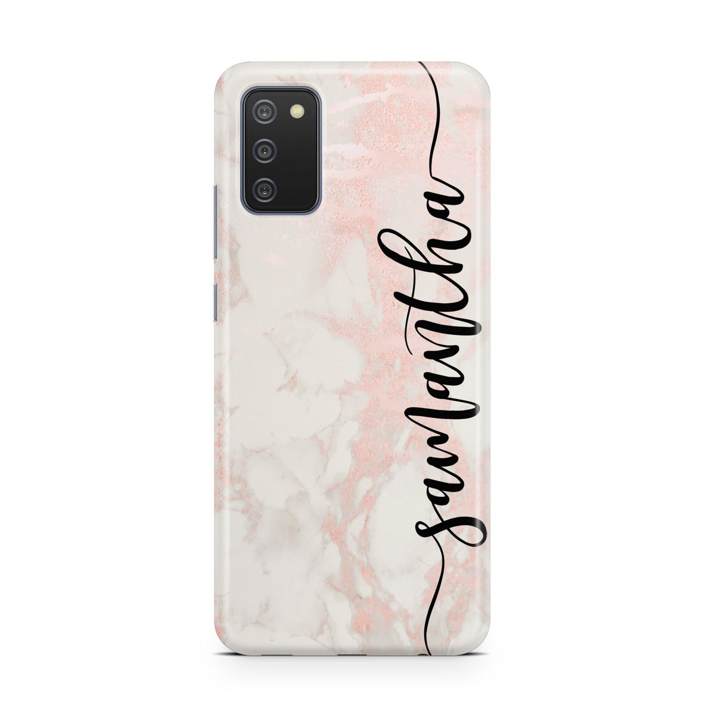 Pink Marble Vertical Black Personalised Name Samsung A02s Case