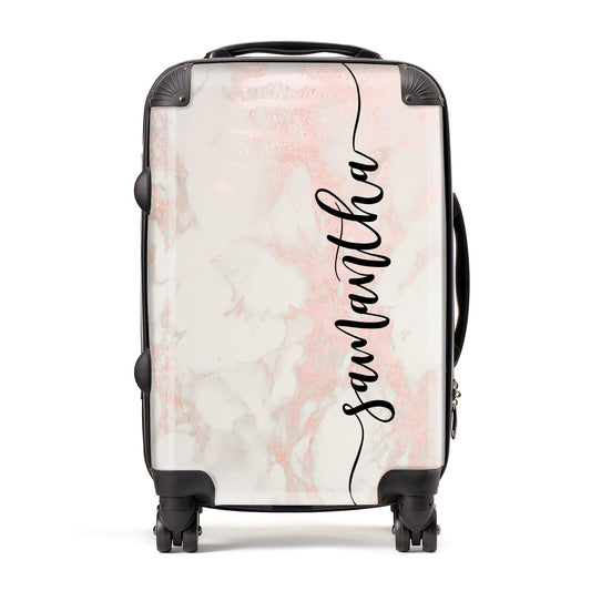 Pink Marble Vertical Black Personalised Name Suitcase