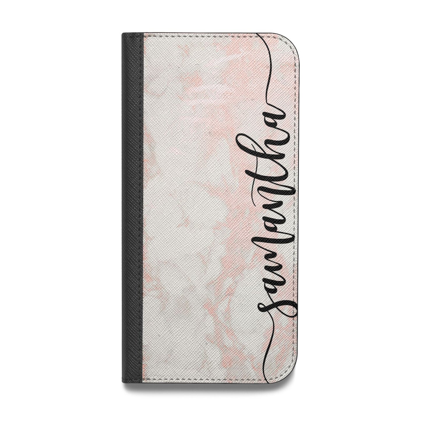 Pink Marble Vertical Black Personalised Name Vegan Leather Flip Samsung Case